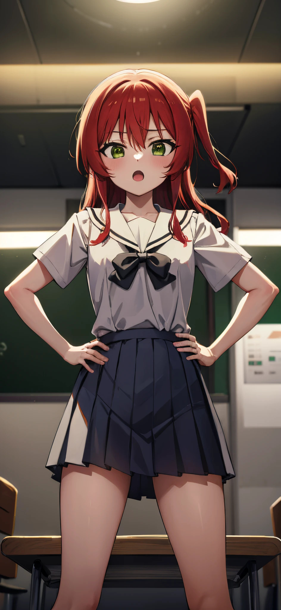 kitaikuyo, ikuyo kita, (green eyes:1.5), hair between eyes, long hair, one side up, red hair, (flat chest:1.2),
BREAK black footwear, black skirt, grey sailor collar, pleated skirt, sailor collar, school uniform, shoes, short sleeves, shuka high school uniform, skirt,,
BREAK looking at viewer,
BREAK indoors, classroom,
BREAK (masterpiece:1.2), best quality, high resolution, unity 8k wallpaper, (illustration:0.8), (beautiful detailed eyes:1.6), extremely detailed face, perfect lighting, extremely detailed CG, (perfect hands, perfect anatomy),up chest.big breasts.Sad face.open mouth.put hands on the hip.Clench your fists