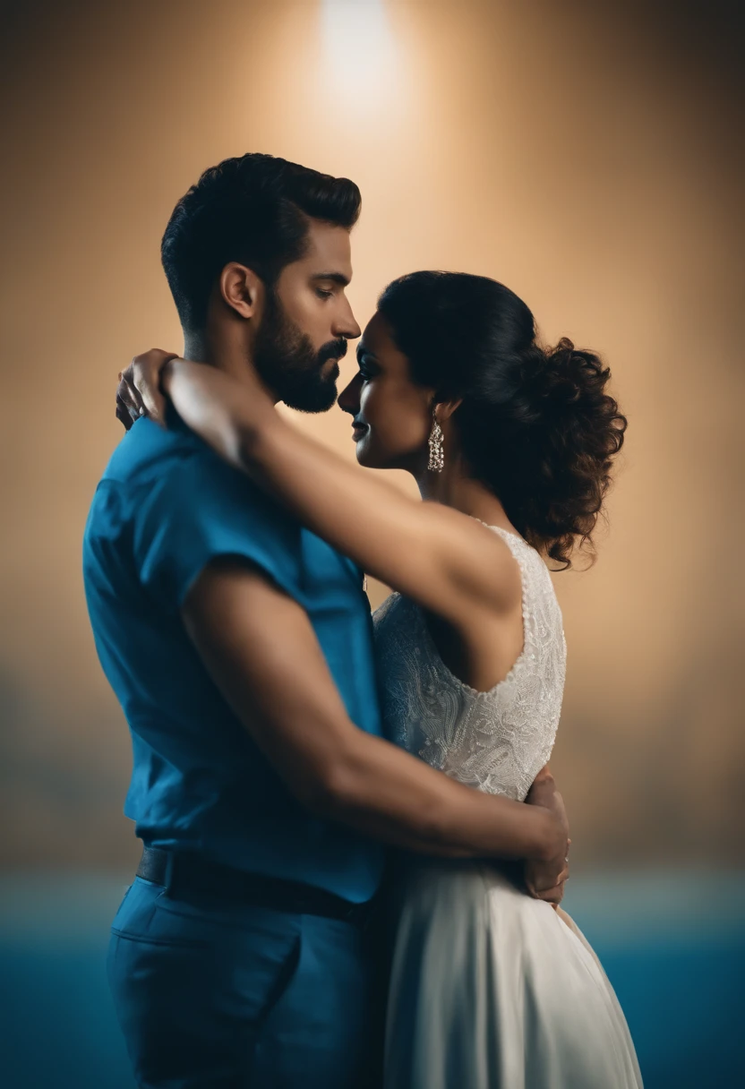 An artistic representation of the couple standing back-to-back, facing an invisible threat, with their arms linked together, highlighting their unity and the strength they find in each other, set against a striking blue background.