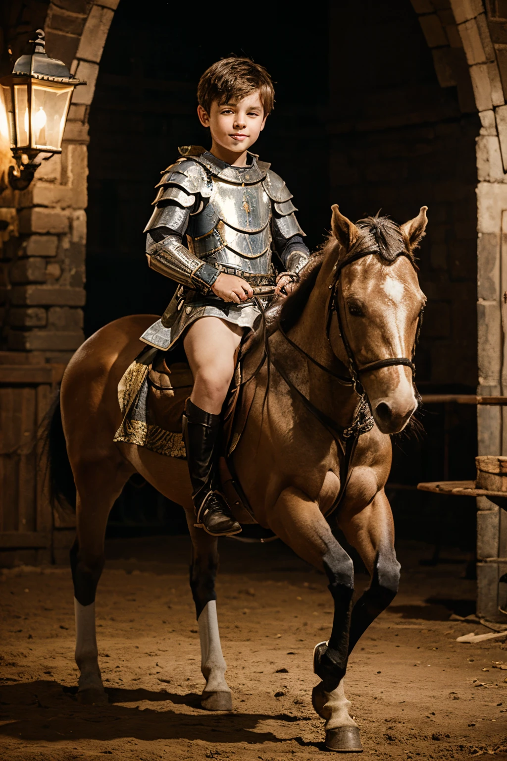 boy wearing knight costume and riding horse
