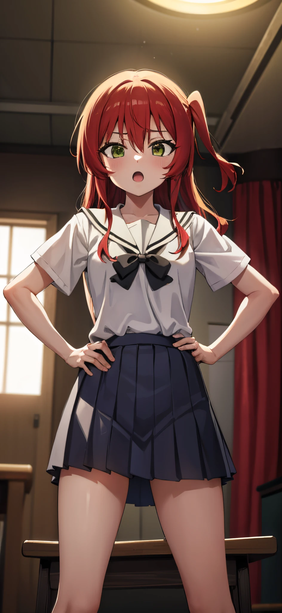 kitaikuyo, ikuyo kita, (green eyes:1.5), hair between eyes, long hair, one side up, red hair, (flat chest:1.2),
BREAK black footwear, black skirt, grey sailor collar, pleated skirt, sailor collar, school uniform, shoes, short sleeves, shuka high school uniform, skirt,,
BREAK looking at viewer,
BREAK indoors, classroom,
BREAK (masterpiece:1.2), best quality, high resolution, unity 8k wallpaper, (illustration:0.8), (beautiful detailed eyes:1.6), extremely detailed face, perfect lighting, extremely detailed CG, (perfect hands, perfect anatomy),up chest.big breasts.Sad face.open mouth.put hands on the hip.Clench your fists