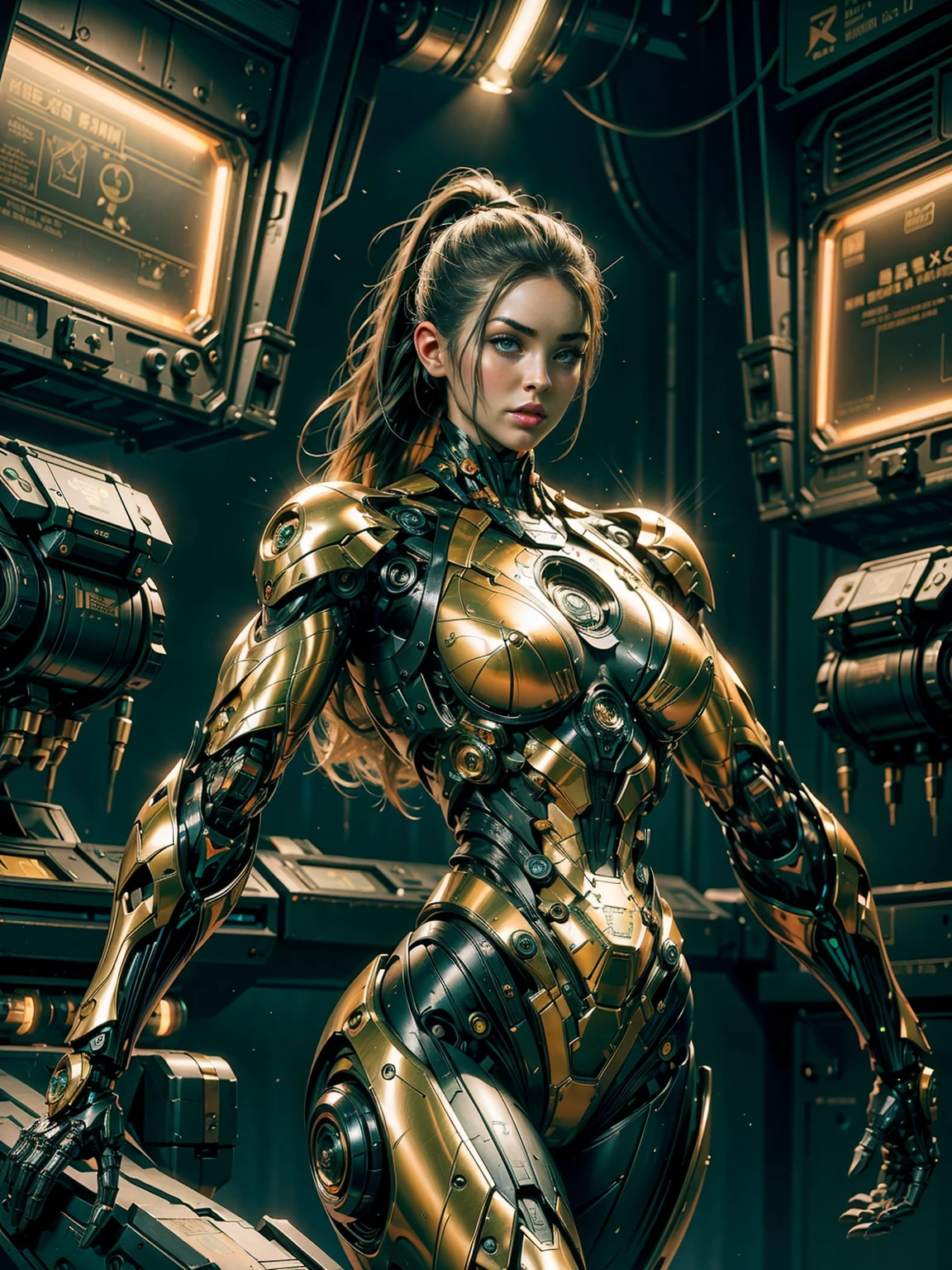 Cinematic, hyper-detailed, and insanely detailed, this artwork captures the essence of a bald hairless muscular female android girl. Beautiful color grading, enhancing the overall cinematic feel. Unreal Engine brings her anatomic cybernetic muscle suit to life, appearing even more mesmerizing. With the use of depth of field (DOF), every detail is focused and accentuated, drawing attention to her eyes and the intricate design of the anatomic cybernetic muscle suit . The image resolution is at its peak, utilizing super-resolution technology to ensure every pixel is perfect. Cinematic lighting enhances her aura, while anti-aliasing techniques like FXAA and TXAA keep the edges smooth and clean. Adding realism to the anatomic cybernetic muscle suit, RTX technology enables ray tracing. Additionally, SSAO (Screen Space Ambient Occlusion) gives depth and realism to the scene, the girl's anatomic cybernetic muscle suit become even more convincing. In the post-processing and post-production stages, tone mapping enhances the colors, creating a captivating visual experience. The integration of CGI (Computer-Generated Imagery) and VFX (Visual Effect brings out the anatomic cybernetic muscle suit's intricate features in a seamless manner. SFX (Sound Effects) complement the visual artistry, immersing the viewer further into this fantastic world. The level of detail is awe-inspiring, with intricate elements meticulously crafted, the artwork hyper maximalist and hyper-realistic. Volumetric effects add depth and dimension, and the photorealism is unparalleled. The image is rendered in 8K resolution, ensuring super-detailed visuals. The volumetric lightning adds a touch of magic, highlighting her beauty and the aura of her anatomic cybernetic muscle suit in an otherworldly way. High Dynamic Range (HDR) technology makes the colors pop, adding richness to the overall composition. Ultimately, this artwork presents an unreal portrayal of a super muscled cybernetic female android