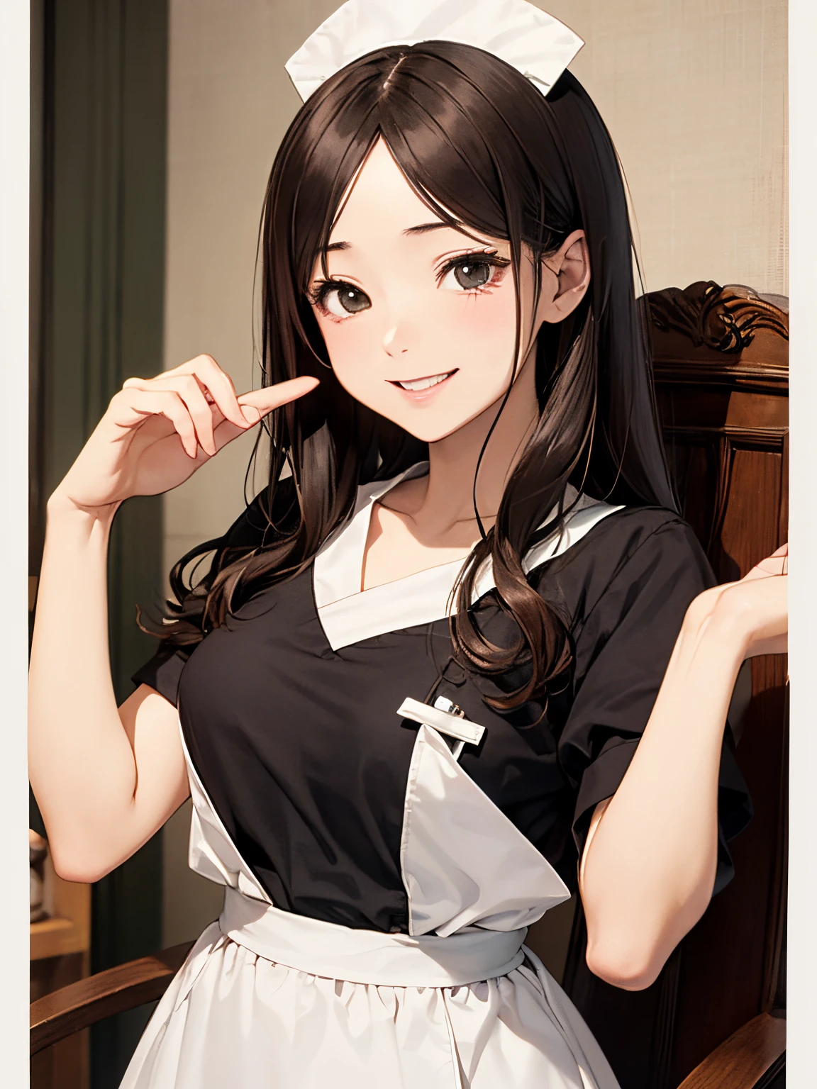 masutepiece, Best Quality, hight resolution,ers old,(hashikuji mayoi),Look at me and smile,((Meiji period~Showa era nurse)),(Classic maid clothes),mentholatum
