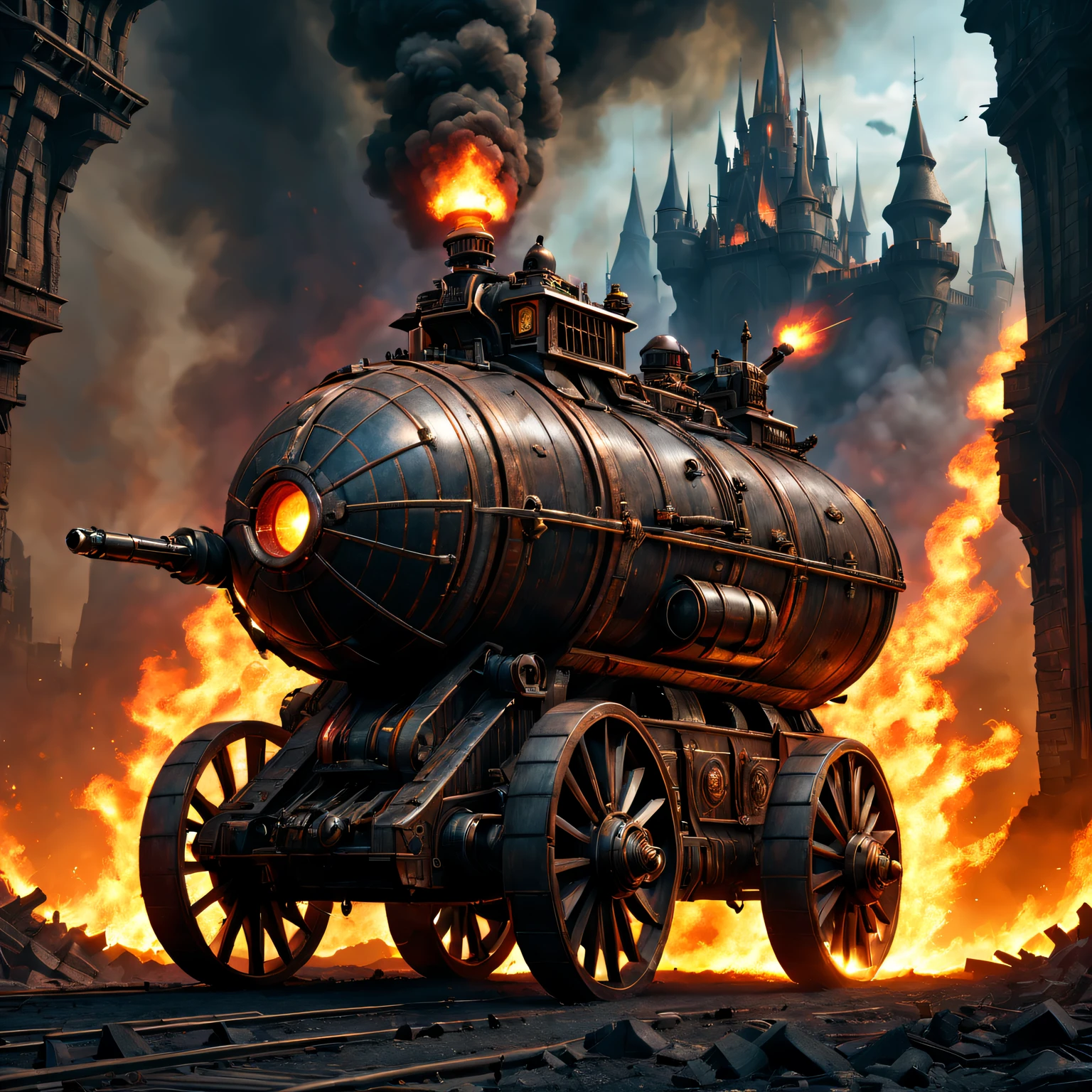 Medieval Sci-Fi Laser Chariot,Wooden surface,Huge wheels,Steam-powered engines,soot effect,Castle ortress wall in ruins,dark palette、动态照明、ray cannon、Advanced technology mysterious energy、flames and sparks、vivd colour、A post-apocalyptic wasteland、Creative vehicle design、magnificent war machine、Advanced weapons、light penetrates darkness,interstellar war zone、extraordinary battle、An epic clash of forces、Compelling world-building