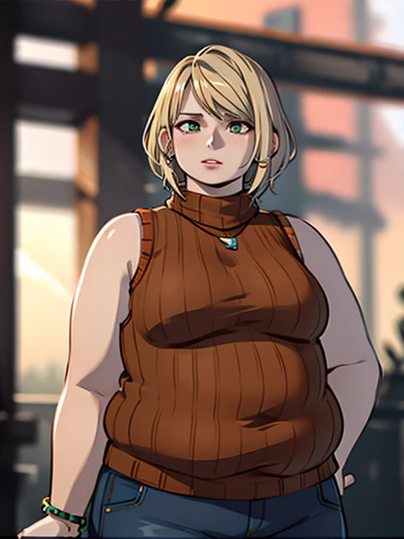masterpiece , 4K, high quality, perfect anatomy, obese 1girl, blurry, photo_\(medium\), realistic, short_hair, sleeveless, solo, looking_at_viewer, obese body, blonde_hair, shirt, bare_shoulders, jewelry, green_eyes, upper_body, parted_lips, necklace, sweater, lips, turtleneck, bob_cut, sleeveless_turtleneck, orange_shirt, obese Ashley, 3d,
