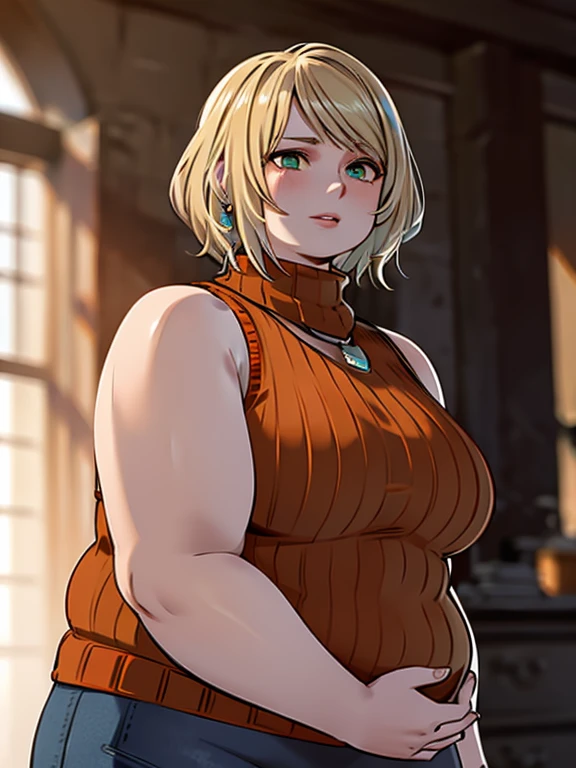 masterpiece , 4K, high quality, perfect anatomy, obese 1girl, blurry, photo_\(medium\), realistic, short_hair, sleeveless, solo, looking_at_viewer, obese body, blonde_hair, shirt, bare_shoulders, jewelry, green_eyes, upper_body, parted_lips, necklace, sweater, lips, turtleneck, bob_cut, sleeveless_turtleneck, orange_shirt, obese Ashley, 3d,