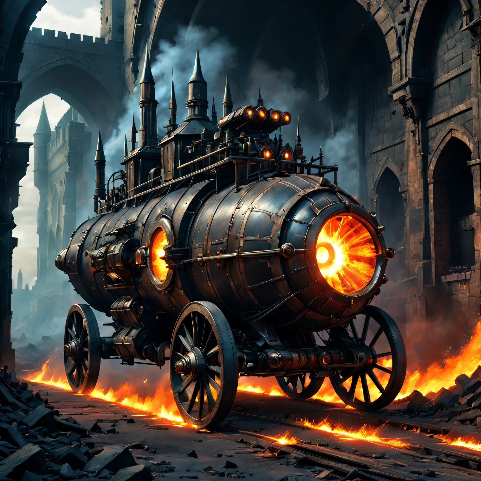 Medieval sci-fi laser carriage,Wooden surface,Huge wheels,Steam-powered engines,soot effect,Castle ortress wall in ruins,dark palette、动态照明、ray cannon、Advanced technology mysterious energy、flames and sparks、vivd colour、A post-apocalyptic wasteland、Creative vehicle design、magnificent war machine、Advanced weapons、light penetrates darkness,interstellar war zone、extraordinary battle、An epic clash of forces、Compelling world-building