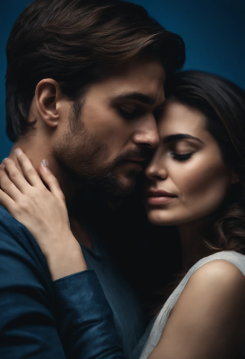 A high-resolution image showcasing the couple locked in a passionate embrace, with the man’s body shielding his girlfriend from harm, against an isolated blue background, symbolizing their love as a powerful force of protection.