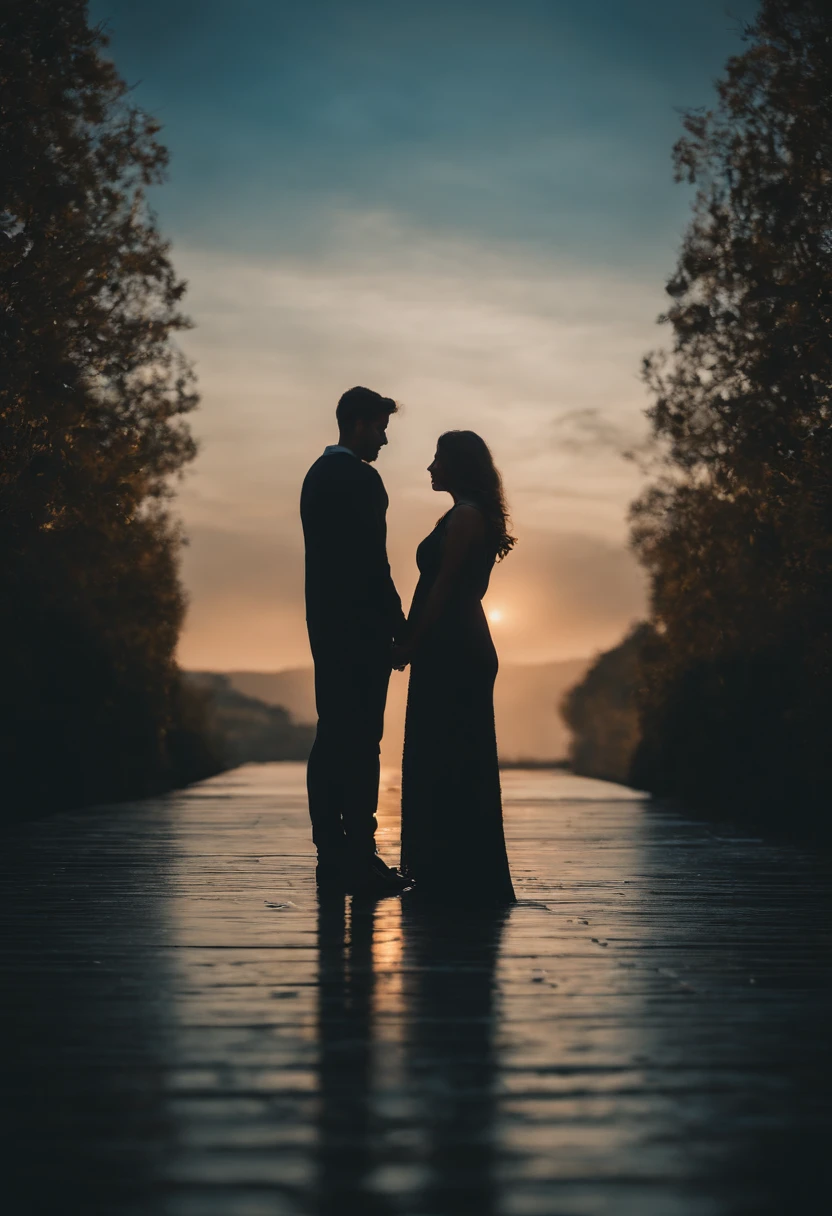 An aesthetic wallpaper featuring the couple holding hands and facing the viewer, with their unified expression projecting strength and determination, conveying the message that they will face any challenges together, set against a calming blue backdrop.