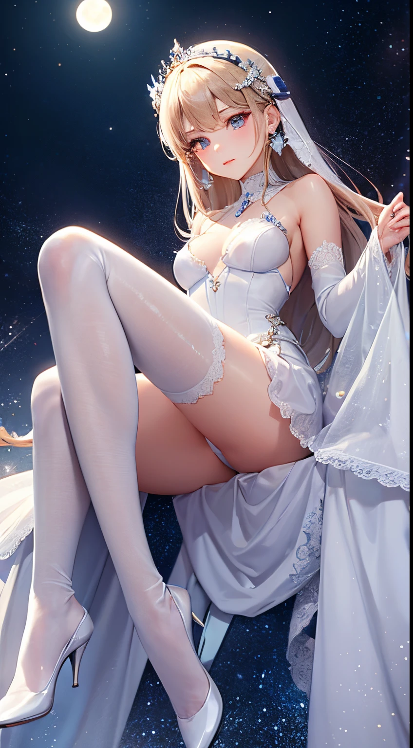 A flawless girl wearing a white tulle moonlight with perfect body proportions,Girls wear precious metal jewelry,moist skin dream background,Slender and beautiful legs in white stockings with starry sky as background。an legs。Looking at your elegance tenderly。sit upright