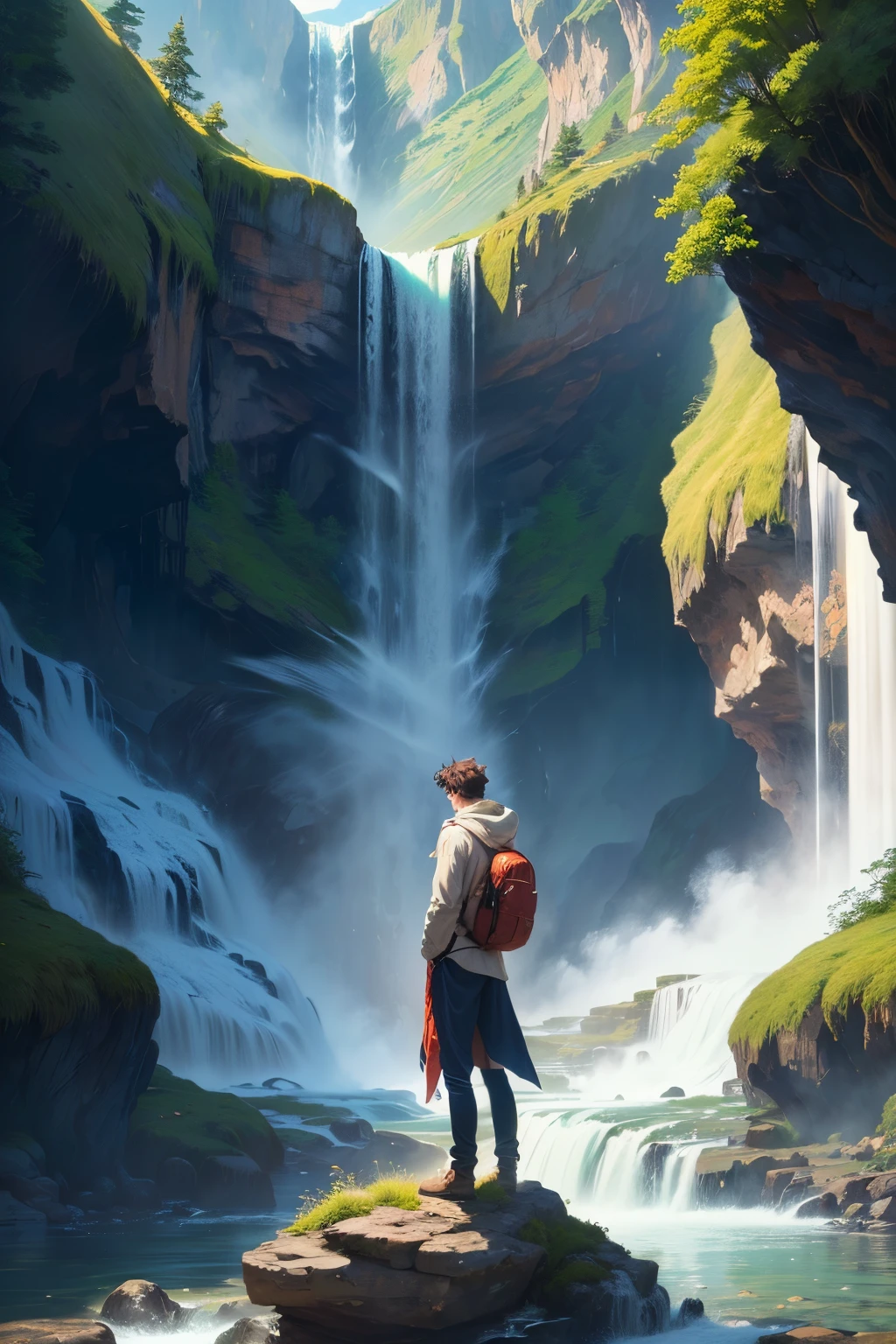 ((best quality)), ((masterpiece)), (detailed), perfect face there is a man standing on a rock in front of a waterfall, next to a waterfall, standing near a waterfall, standing in a waterfall, standing inside a waterfall, standing in front of a waterfall, bathing in a waterfall, playing in waterfalls, solitude under a waterfall, in a cave with the waterfall, under a waterfall, with a waterfalls, Anime style, high detail, anime, anime style, super detail, high details, masterpiece
