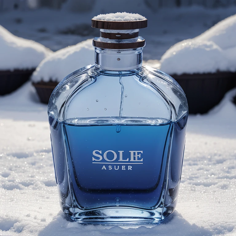 Rasasi Blue for men Perfume bottle in a basket with snowy background