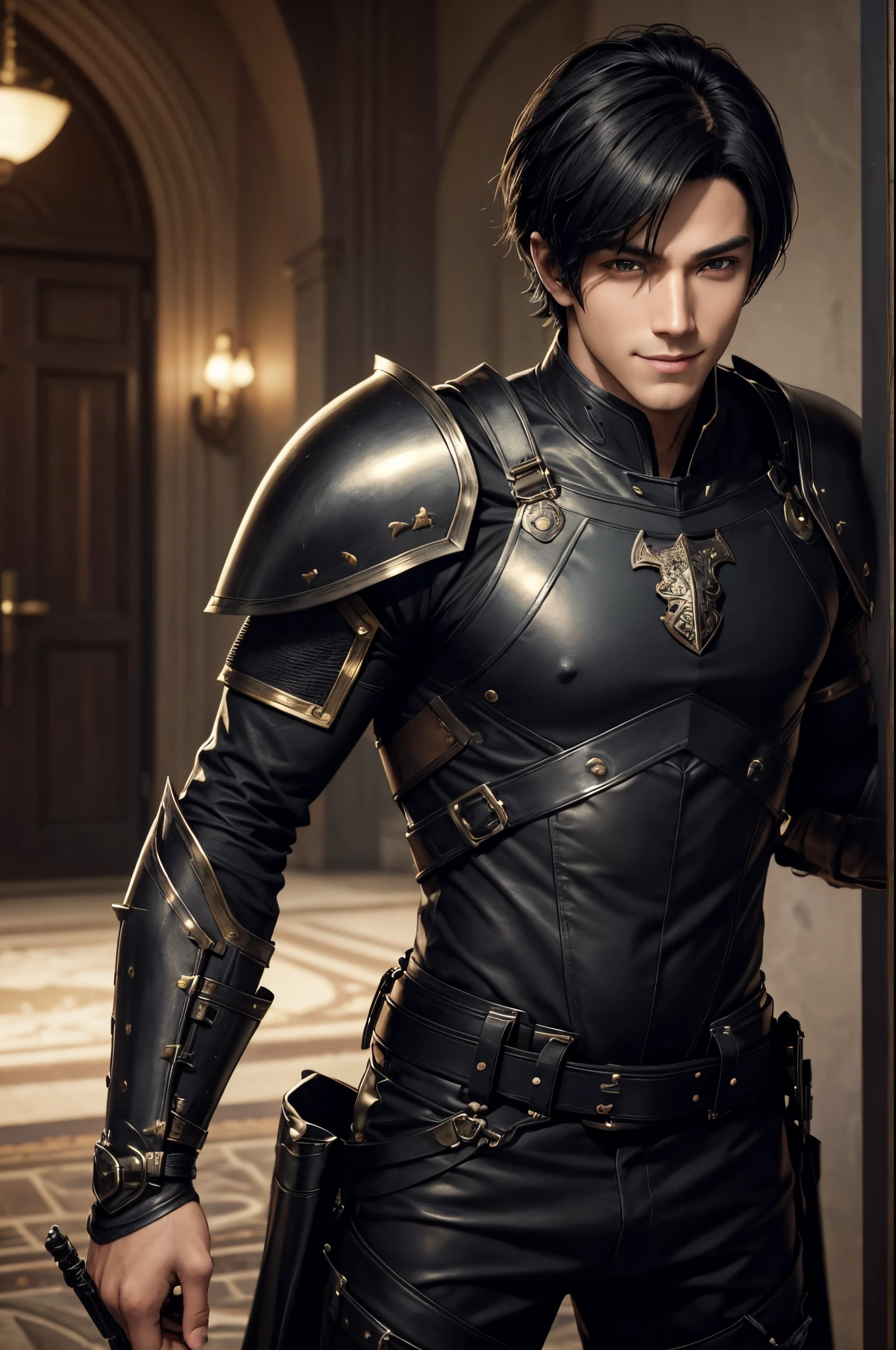 8K,boy in leather clothes, young man boy,Black combat uniform,Black combat pants,Black eyes,Black Hair Bob Hair,Black Gauntlet,Black Shoulder Armor,by Yang J, range murata and artgerm, Handsome Boy in Demon Slayer Art, Stunning character art, Artgerm and Craig Mullins,超A high resolution,super realistic skin,Cool smile,Fantasyart,super handsome boy,kindly smile,inside a big mansion,