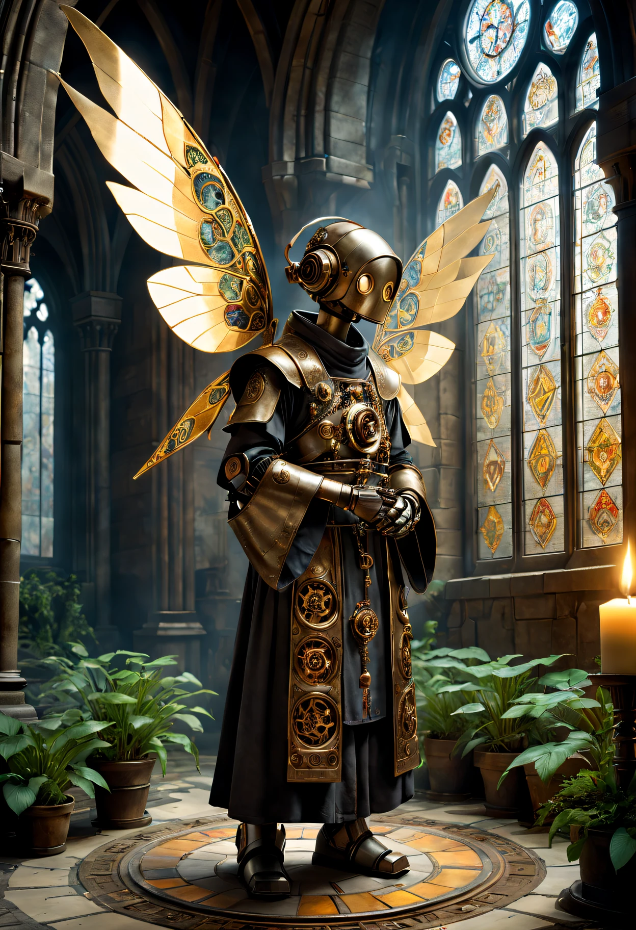 Medieval monastery，steampunk robot monk，Traditional robe and headscarf，Praying quietly under candlelight，Steampunk machinery and gears，Light flows through stained glass windows，art-style，ancient stone floor，The carving process is complex，Lush plants，Calm and peaceful environment，(Robot monk with mechanical wings on his shoulderetal surfaces，warm gold color palette，The future meets the Middle Ages，Harmony between technology and spirit。(Best quality at best,4K,8K,A high resolution,tmasterpiece:1.2),ultra - detailed,(actual,realisticlying,Photorealistic:1.37)