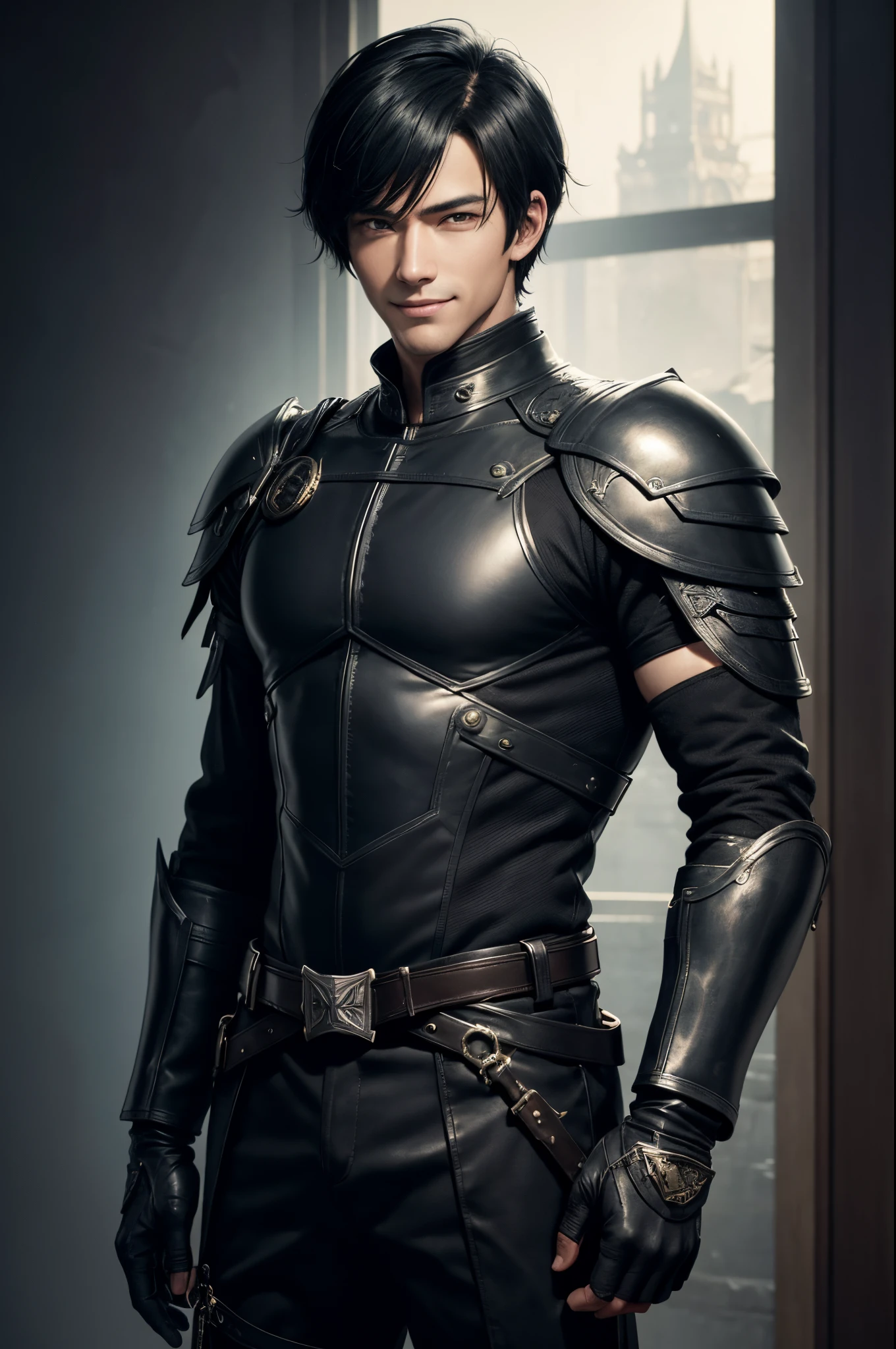 8K,boy in leather clothes, young man boy,Black combat uniform,Black combat pants,Black eyes,Black Hair Bob Hair,Black Gauntlet,Black Shoulder Armor,by Yang J, range murata and artgerm, Handsome Boy in Demon Slayer Art, Stunning character art, Artgerm and Craig Mullins,超A high resolution,super realistic skin,Cool smile,Fantasyart,super handsome boy,kindly smile,inside a big mansion,