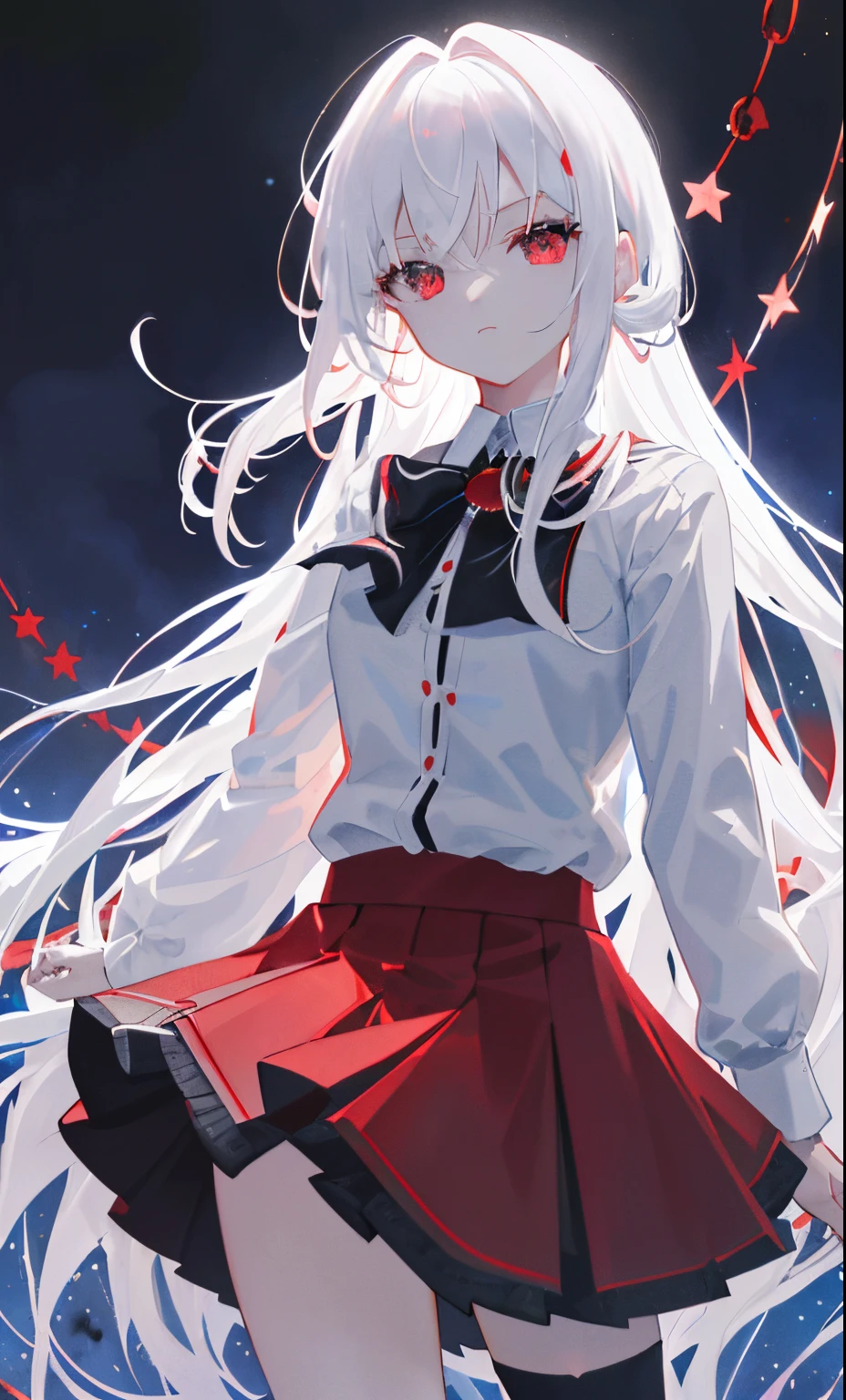 ((master-piece,wallpaper 4k,Best qualtiy)), red face, at nighttime, background, Stars fill the sky., long hair details, moody lighting,White Hair,light particle,Korean Idols,River bank,Blue Theme, element,busty body,The facial expression was not bright.,smooth thighs, Red eyes, Button shirt, Black miniskirt