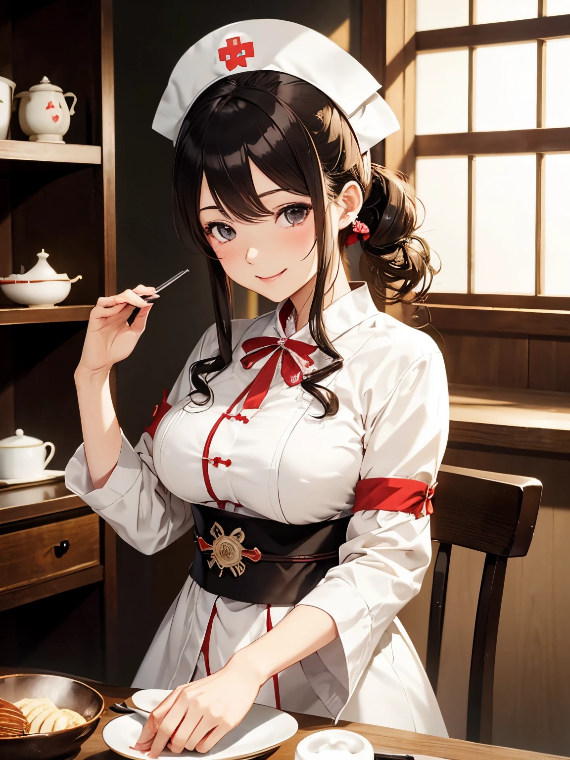 masutepiece, Best Quality, hight resolution,10yaers old,(hashikuji mayoi),Look at me and smile,((Meiji period~Showa era nurse)),(Classic Maid Clothing),mentholatum,Beautiful breasts