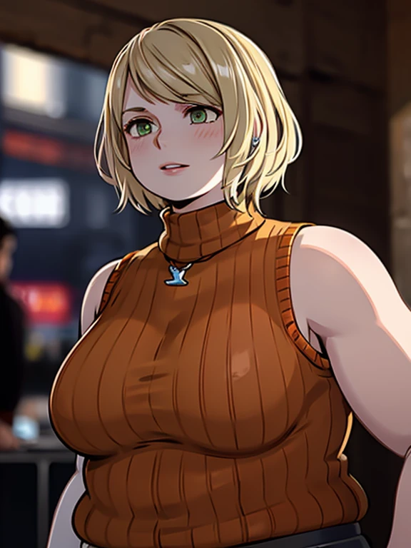 masterpiece , 4K, high quality, perfect anatomy, perfect eyes, obese 1girl, blurry, photo_\(medium\), realistic, short_hair, sleeveless, solo, looking_at_viewer, obese body, blonde_hair, shirt, bare_shoulders, jewelry, green_eyes, upper_body, parted_lips, necklace, sweater, lips, turtleneck, bob_cut, sleeveless_turtleneck, orange_shirt, obese Ashley, 3d,