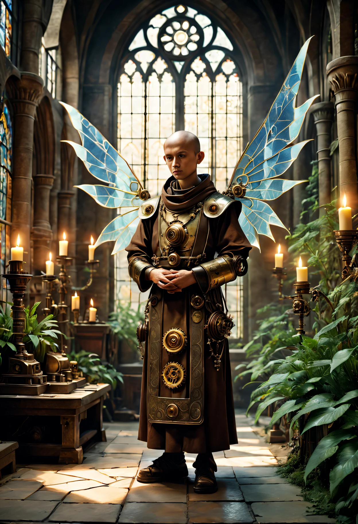 Medieval monastery，steampunk robot monk，Traditional robe and headscarf，Praying quietly under candlelight，Steampunk machinery and gears，Light flows through stained glass windows，art-style，ancient stone floor，The carving process is complex，Lush plants，Calm and peaceful environment，(Robot monk with mechanical wings on his shoulderetal surfaces，warm gold color palette，The future meets the Middle Ages，Harmony between technology and spirit。(Best quality at best,4K,8K,A high resolution,tmasterpiece:1.2),ultra - detailed,(actual,realisticlying,Photorealistic:1.37)
