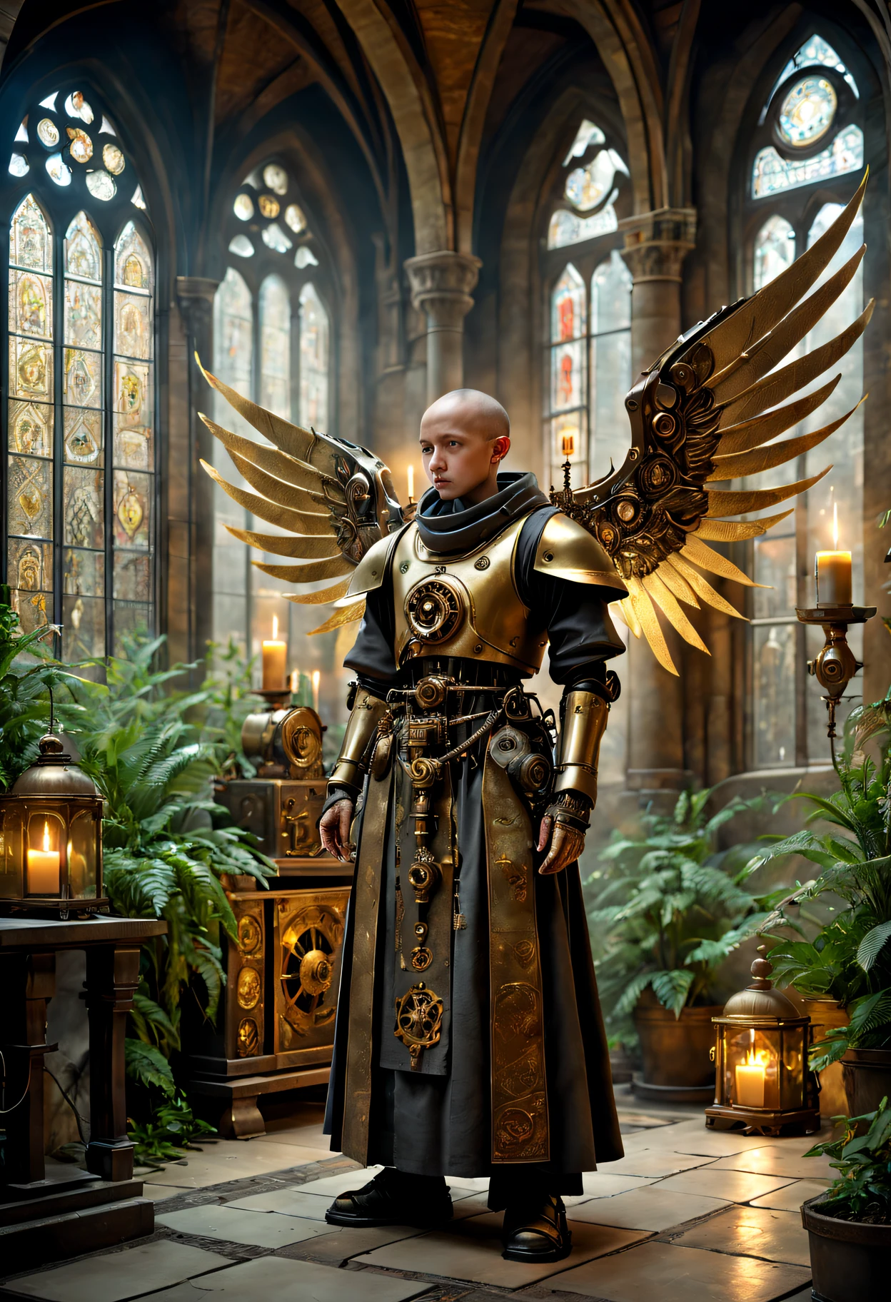 Medieval monastery,steampunk robot monk,Traditional robe and headscarf,Praying quietly under candlelight,Steampunk machinery and gears,Light flows through stained glass windows,art-style,ancient stone floor,The carving process is complex,Lush plants,Calm and peaceful environment,(Robot monk with mechanical wings on his shoulderetal surfaces,warm gold color palette,The future meets the Middle Ages,Harmony between technology and spirit。(Best quality at best,4K,8K,A high resolution,tmasterpiece:1.2),ultra - detailed,(actual,realisticlying,Photorealistic:1.37)