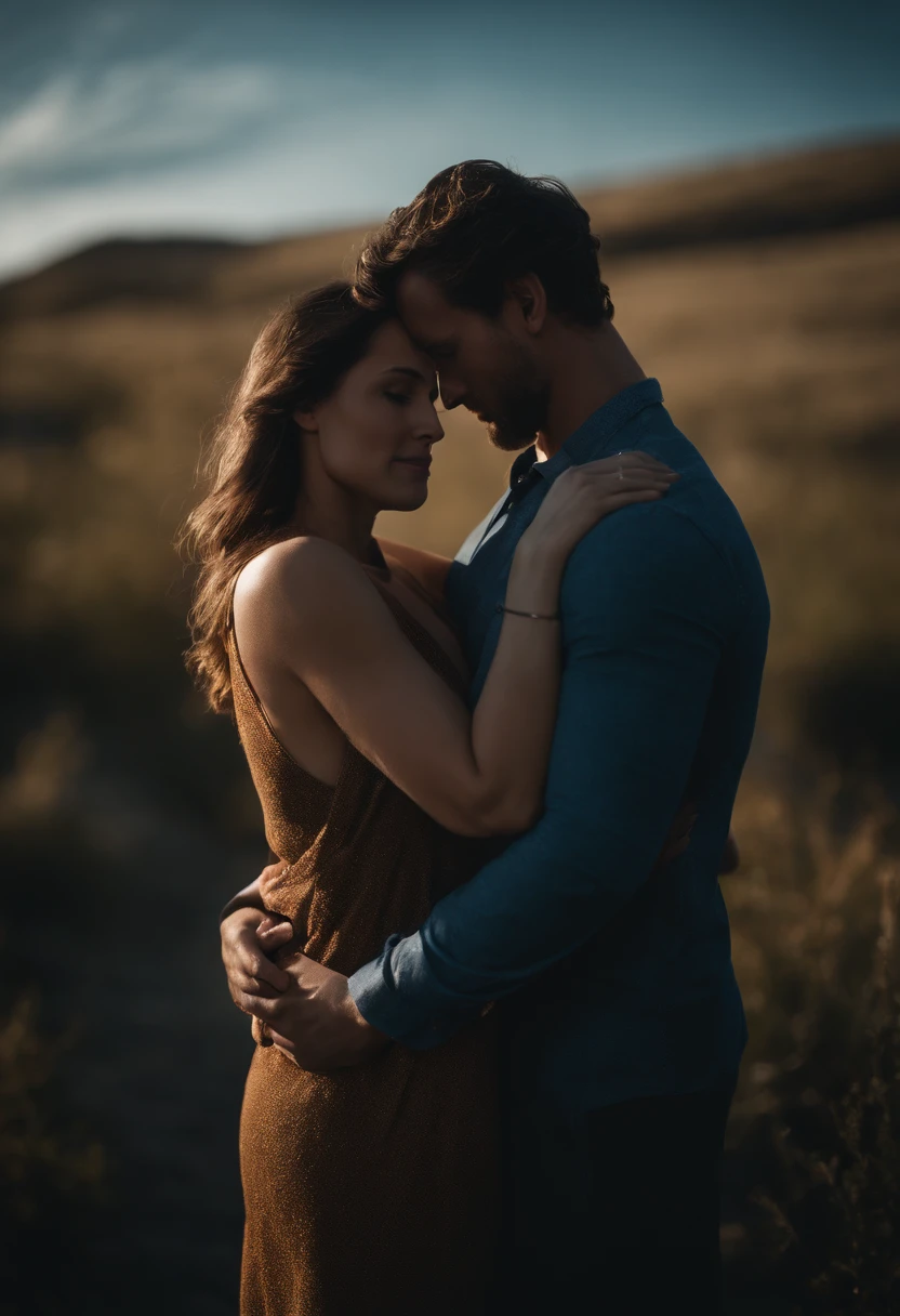 A high-resolution image showcasing the couple huddled together in a loving embrace, with the man’s arms enveloping his girlfriend, depicting their safe haven in a chaotic world, set against a serene blue backdrop.