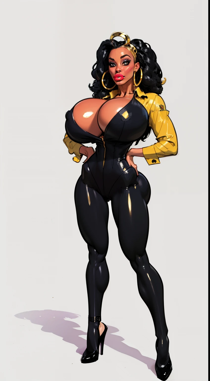 ((masterpiece)),(((best quality))),((character design sheet)), ((full body view)) ((black woman)), ((seductive eyes:1.4)), defined cheekbones, high cheekbones, illustration, muscular, ((gold:1.4)), sexy bimbo, (gigantic breasts:1.7) black hair, ((detailed face:1.4)) beautiful woman, (round Afro:1.4), colored skin, ((black skin:1.4)) , (red lipstick:1.4), shiny skin, scribbles and marks,(puffy lips:1.4) ,(disco outfit:1.3), bell bottom pants,open shirt, rough sketches, pose, 8k,16k, ( background, white background: 1.3) yellow and black color palette, ((beautiful face))