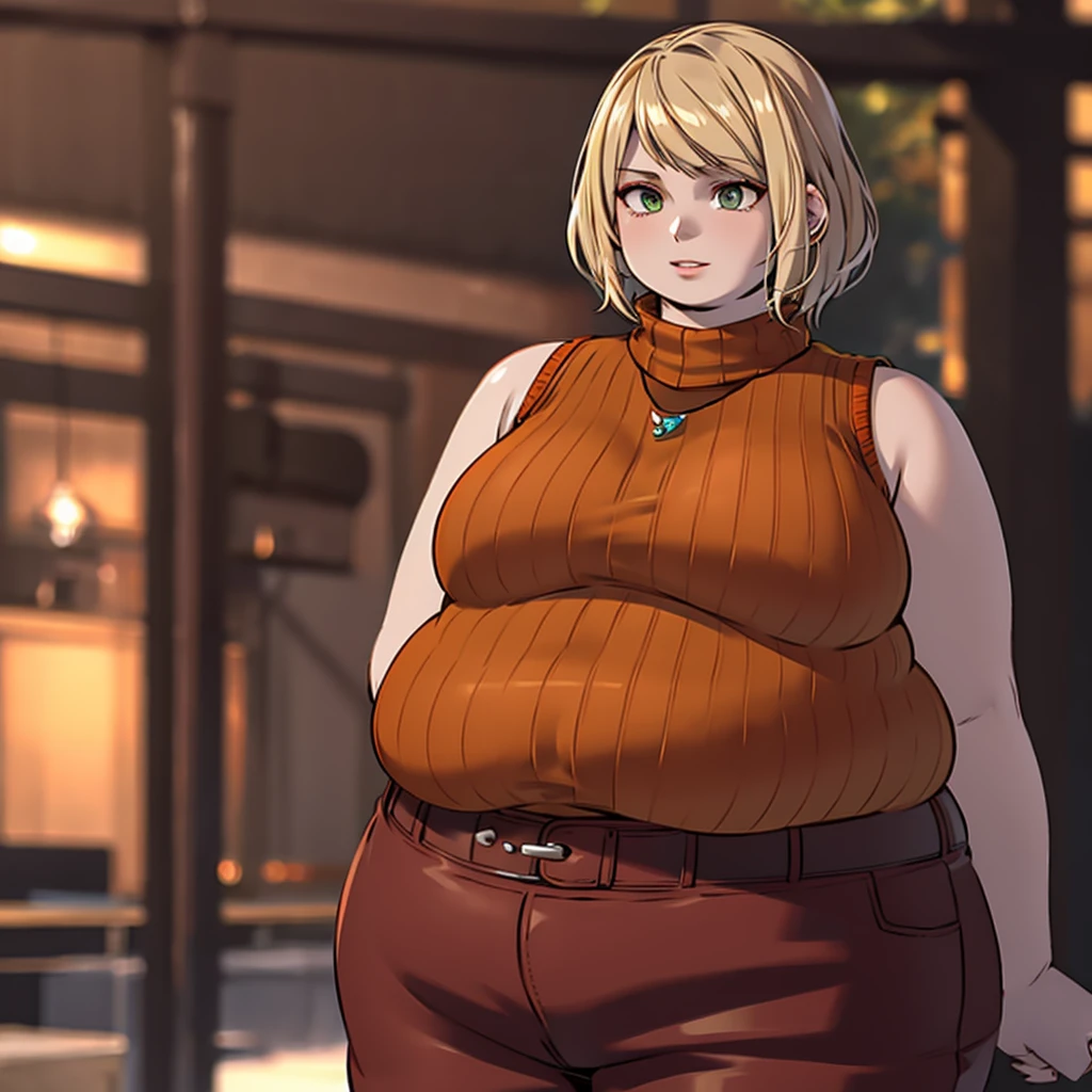 masterpiece , 4K, high quality, perfect anatomy, obese 1girl, blurry, photo_\(medium\), realistic, short_hair, sleeveless, solo, looking_at_viewer, obese body, blonde_hair, shirt, bare_shoulders, jewelry, green_eyes, upper_body, parted_lips, necklace, sweater, lips, turtleneck, bob_cut, sleeveless_turtleneck, orange_shirt, obese Ashley, 3d,