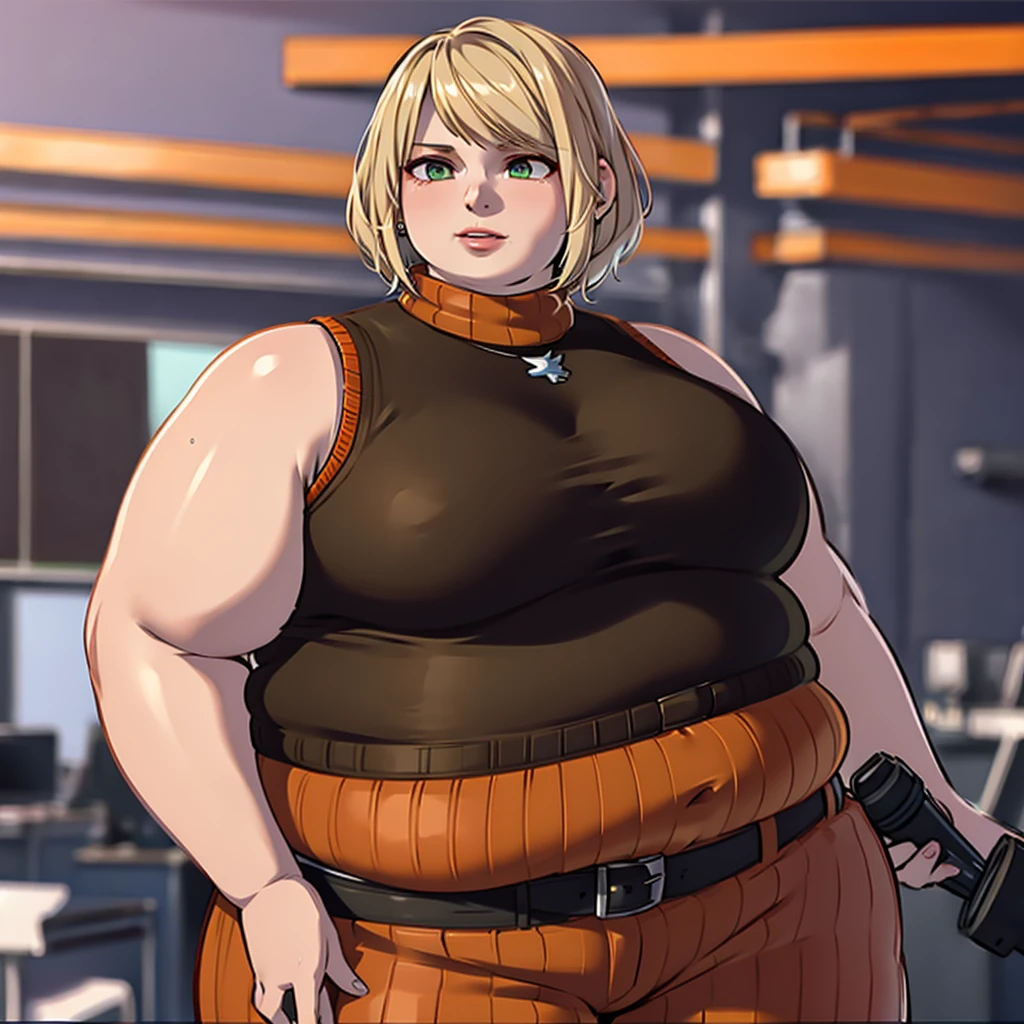 masterpiece , 4K, high quality, perfect anatomy, obese 1girl, blurry, photo_\(medium\), realistic, short_hair, sleeveless, solo, looking_at_viewer, obese body, blonde_hair, shirt, bare_shoulders, jewelry, green_eyes, upper_body, parted_lips, necklace, sweater, lips, turtleneck, bob_cut, sleeveless_turtleneck, orange_shirt, obese Ashley, 3d,