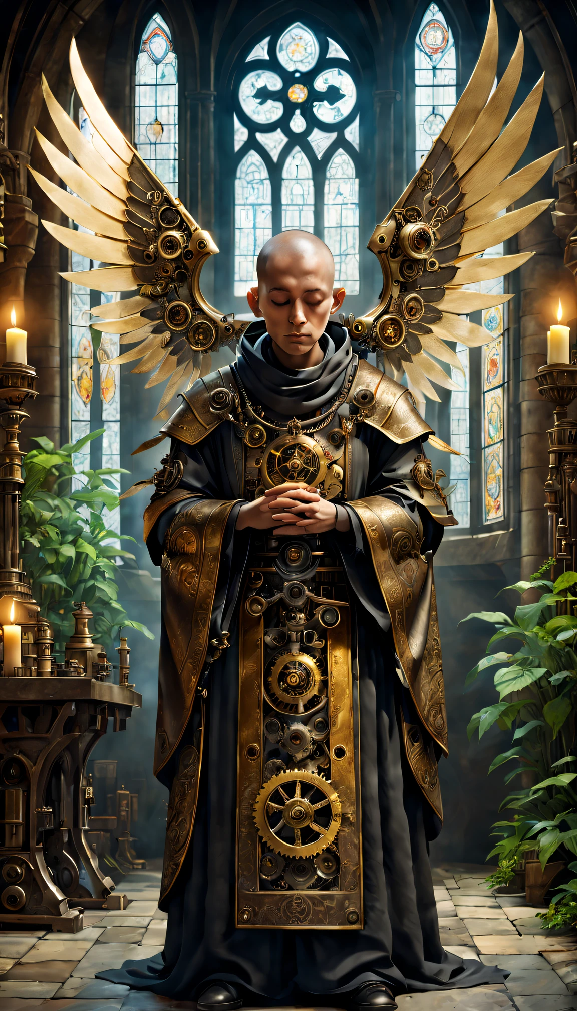 Medieval monastery，steampunk robot monk，Traditional robe and headscarf，Praying quietly under candlelight，Steampunk machinery and gears，Light flows through stained glass windows，art-style，ancient stone floor，The carving process is complex，Lush plants，Calm and peaceful environment，(Robot monk with mechanical wings on his shoulderetal surfaces，warm gold color palette，The future meets the Middle Ages，Harmony between technology and spirit。(Best quality at best,4K,8K,A high resolution,tmasterpiece:1.2),ultra - detailed,(actual,realisticlying,Photorealistic:1.37)