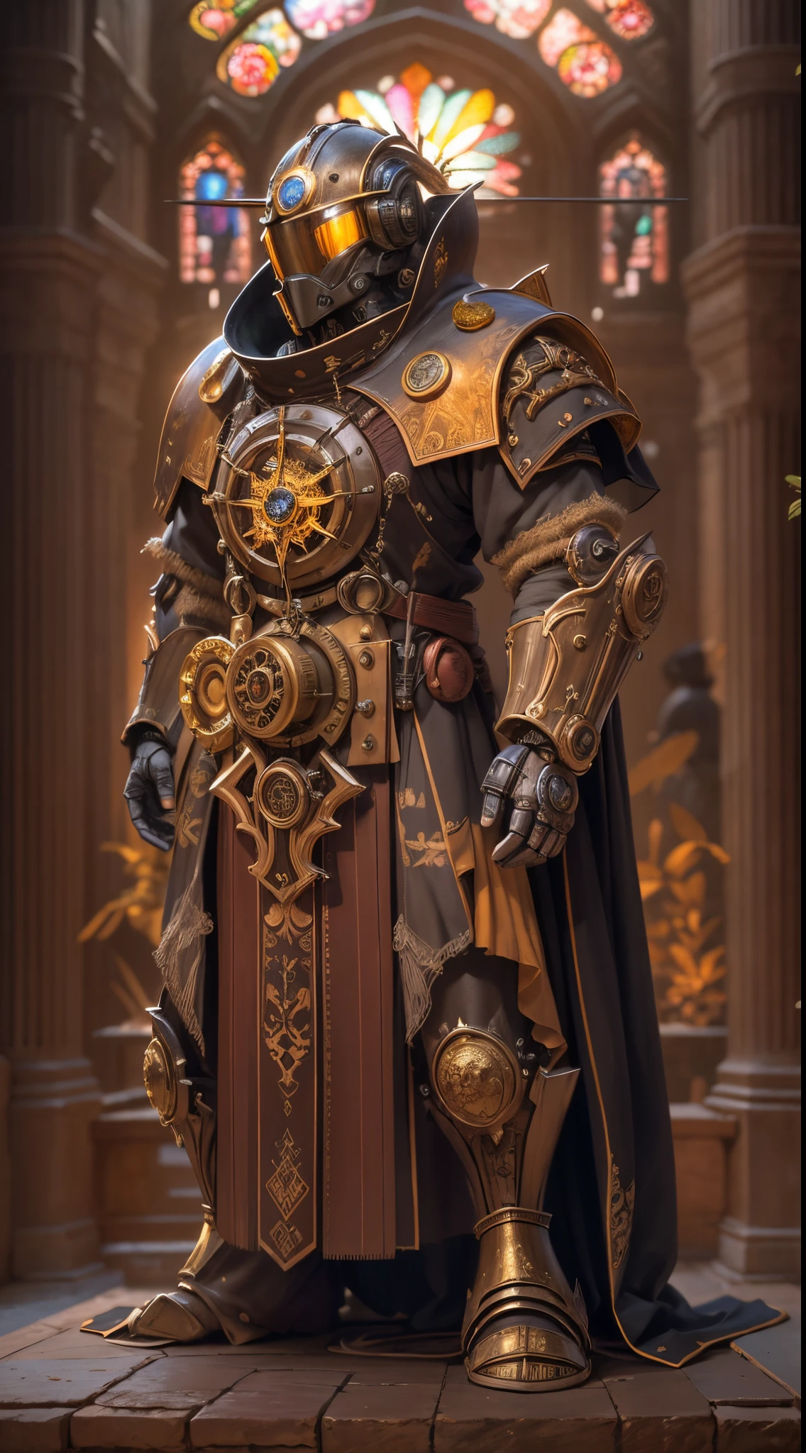 Medieval monastery，(steampunk robot monk)，(Traditional robe and headscarf)，pray quietly，Light streaming through stained glass windows，Religious Art Style, 。ancient stone floor，The engraving is complex，Lush plants，Calm and tranquil environment，Steampunk machinery and gearechanical wings attached to the shoulders of a robot monk)，metal surfaces，warm gold color palette，A combination of the future and the Middle Ages，Harmony of technology and spirit。(best quality,4k,8k,highres,masterpiece:1.2),ultra-detailed,(realistic,photorealistic,photo-realistic:1.37)