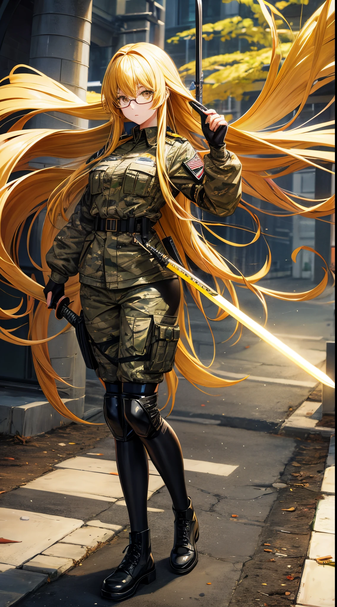 anime art, full length front view of a girl with yellow long hair and yellow cat eyes wearing regular glasses, in camouflage military uniform and sword