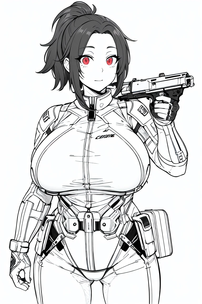tactical gear, huge breast, red eyes, red hair, ponytail, messy hair, holding a gun, detailed gun, 8k, ultra detail,light make up, perspective, super detail, high quality, 8k, best quality, textured skin, retina, ccurate, anatomically correct, line art, monochrome,