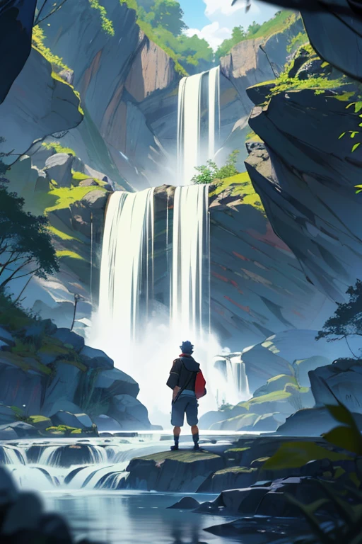 ((best quality)), ((masterpiece)), (detailed), perfect face there is a man standing on a rock in front of a waterfall, next to a waterfall, standing near a waterfall, standing in a waterfall, standing inside a waterfall, standing in front of a waterfall, bathing in a waterfall, playing in waterfalls, solitude under a waterfall, in a cave with the waterfall, under a waterfall, with a waterfalls, Anime style, high detail, anime, anime style, super detail, high details, masterpiece