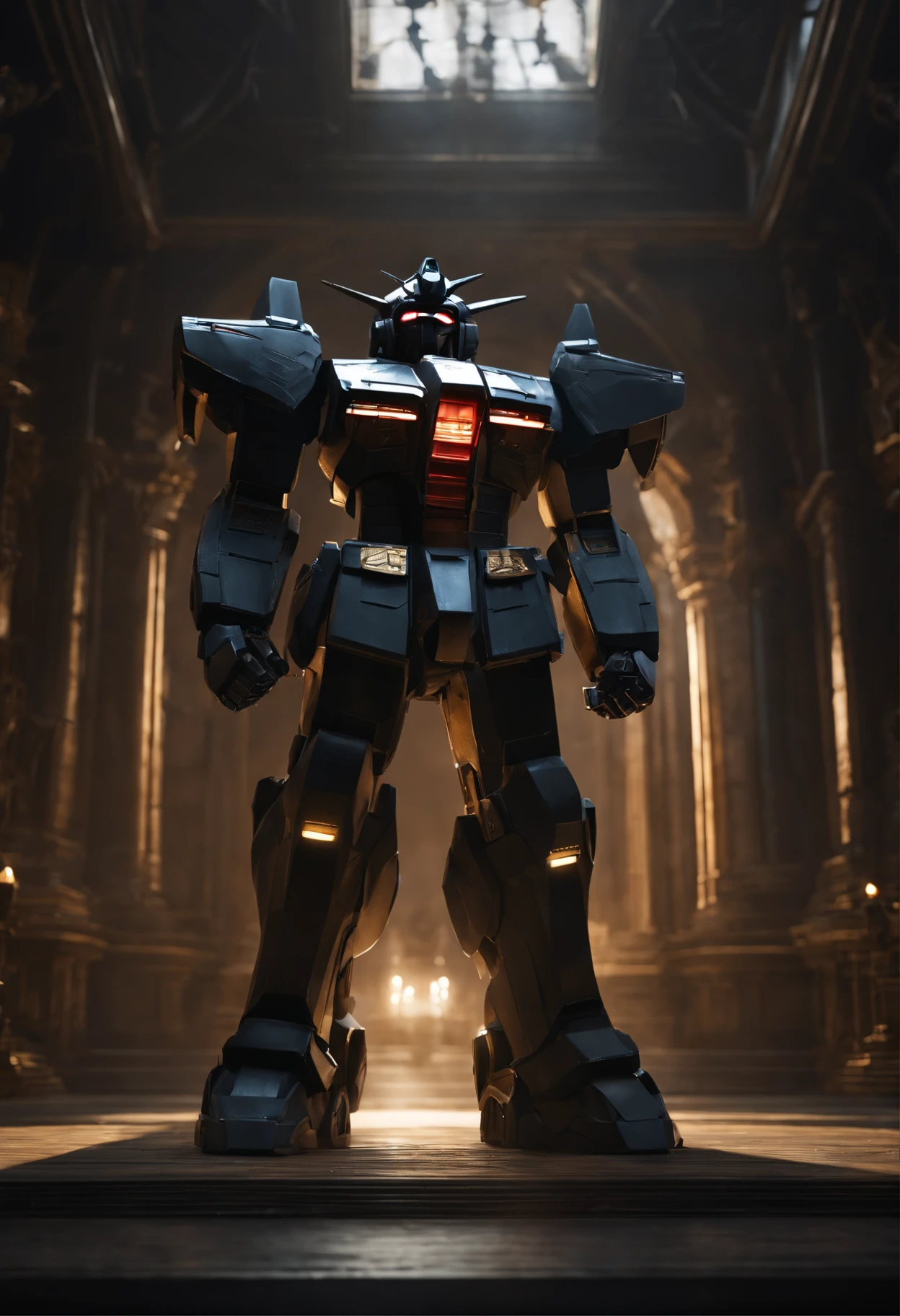 medieval science fiction scene,A huge Gundam stands in the ancient hall,glowing effect,natta,solid black background, Highly detailed and ultra-realistic visuals,oc rendered,Shot using 70mm-AR,hyper realisitc,ultra real photo,ultra - detailed,a work of art,电影灯光,cinematic perspective