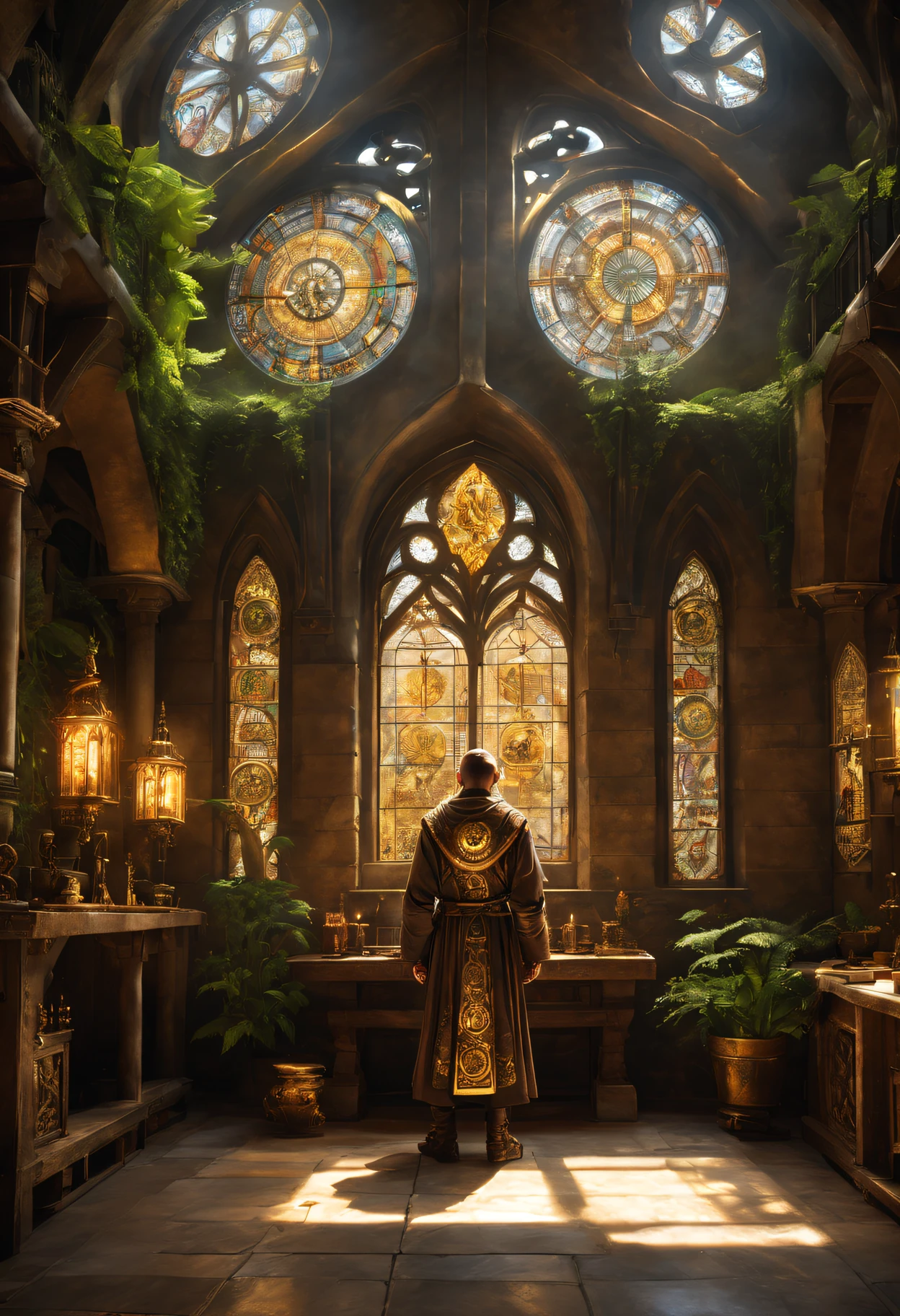 Medieval monastery,(steampunk robot monk),(Traditional robe and headscarf),Pray quietly,Light flows through stained glass windows,religious art style, 。ancient stone floor,The carving process is complex,Lush plants,Calm and peaceful environment,Steampunk machinery and gear mechanical wings attached to the shoulders of a robot monk),metal surfaces,warm gold color palette,The future meets the Middle Ages,Harmony between technology and spirit。(Best quality at best,4K,8K,A high resolution,tmasterpiece:1.2),ultra - detailed,(actual,realisticlying,Photorealistic:1.37)