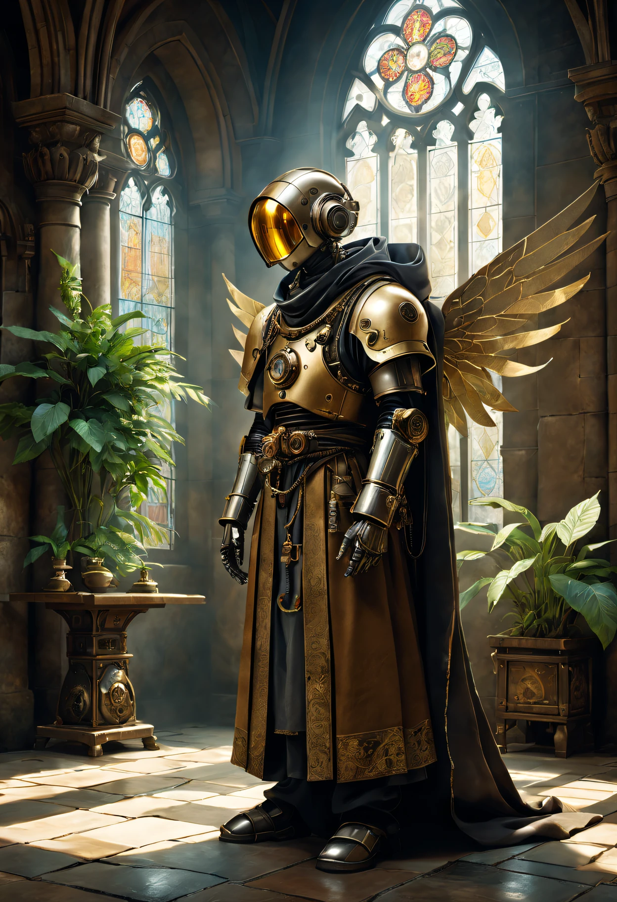 Medieval monastery,(steampunk robot monk),(Traditional robe and headscarf),Pray quietly,Light flows through stained glass windows,religious art style, 。ancient stone floor,The carving process is complex,Lush plants,Calm and peaceful environment,Steampunk machinery and gear mechanical wings attached to the shoulders of a robot monk),metal surfaces,warm gold color palette,The future meets the Middle Ages,Harmony between technology and spirit。(Best quality at best,4K,8K,A high resolution,tmasterpiece:1.2),ultra - detailed,(actual,realisticlying,Photorealistic:1.37)