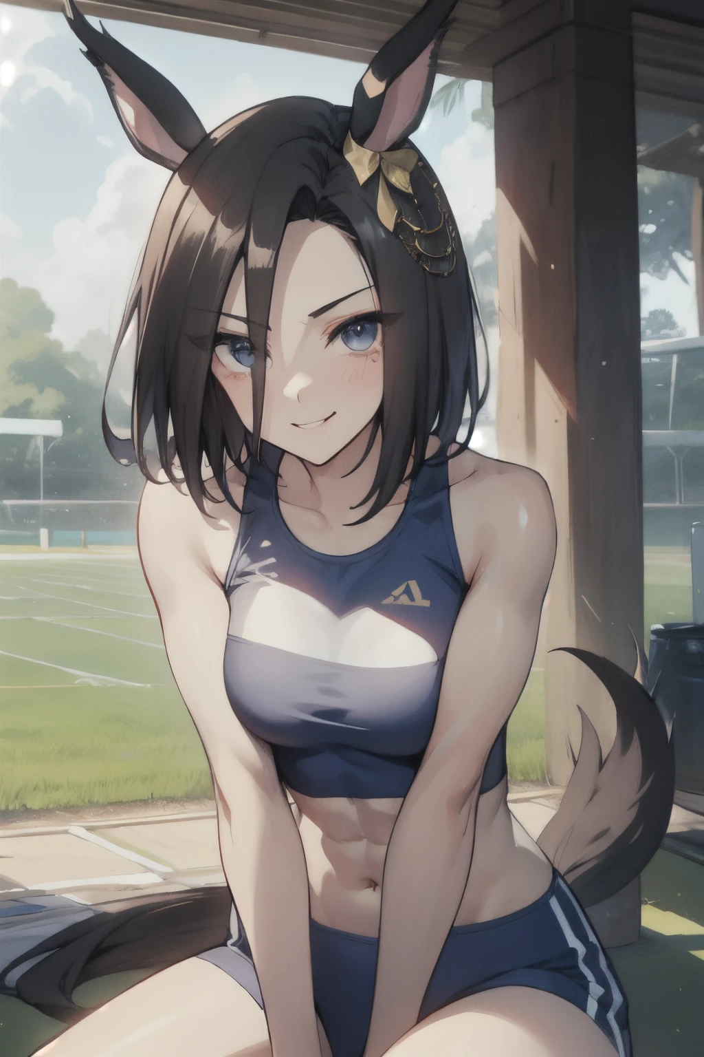 air groove\(umamusume\), ((ultra-detailed face)), masterpiece, best quality, symmetrical face, cute face, muscular, abs, rikujou, horse tail, large tits, smile, athletics track, hand between legs