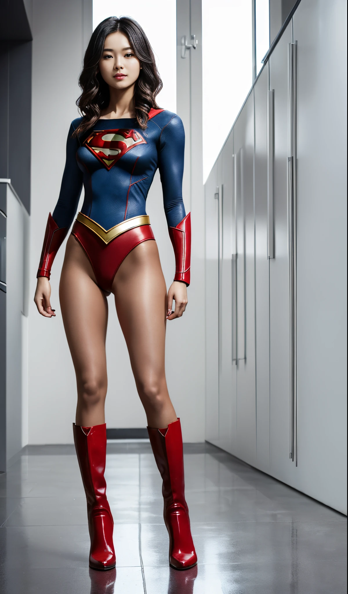 (((Wear black tights on your beautiful legs.)))、(((Grow legs、tall、Legally express the beauty of your smile)))、((((Make the most of the original image)))、(((Supergirl Costume)))、(((beautiful hairl)))、(((Suffering)))、(((Feet must necessarily be worn with black tights)))、(((You need to wear red boots)))、((Top image quality、8K))、((top-quality、8K、masterpiece:1.3))、(((Keep Background )))、Crisp focus:1.2、Beautiful woman with perfect body shape:1.4、Slender Abs:1.2、a wet body:1.5、Highly detailed facial and skin texture、8K