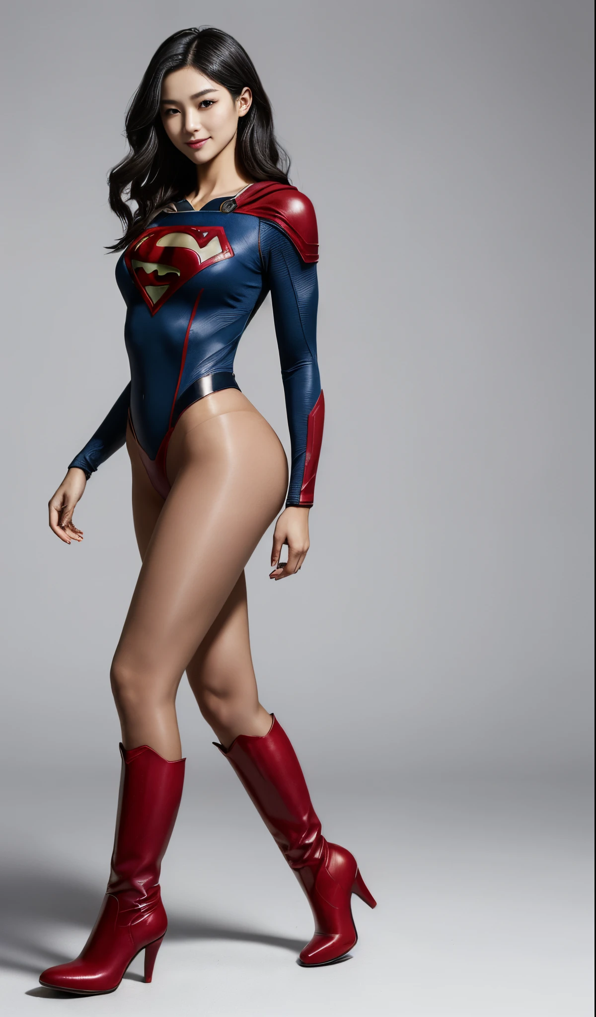 (((Wear black tights on your beautiful legs.)))、(((Grow legs、tall、Legally express the beauty of your smile)))、((((Make the most of the original image)))、(((Supergirl Costume)))、(((beautiful hairl)))、(((Suffering)))、(((Feet must necessarily be worn with black tights)))、(((You need to wear red boots)))、((Top image quality、8K))、((top-quality、8K、​masterpiece:1.3))、(((Keep Background )))、Crisp focus:1.2、Beautiful woman with perfect body shape:1.4、Slender Abs:1.2、a wet body:1.5、Highly detailed facial and skin texture、8K