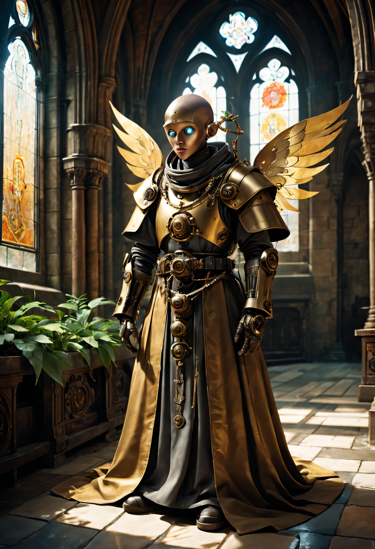 Medieval monastery,(steampunk robot monk),(Traditional robe and headscarf),Pray quietly,Light flows through stained glass windows,religious art style, 。ancient stone floor,The carving process is complex,Lush plants,Calm and peaceful environment,Steampunk machinery and gear mechanical wings attached to the shoulders of a robot monk),metal surfaces,warm gold color palette,The future meets the Middle Ages,Harmony between technology and spirit。(Best quality at best,4K,8K,A high resolution,tmasterpiece:1.2),ultra - detailed,(actual,realisticlying,Photorealistic:1.37)