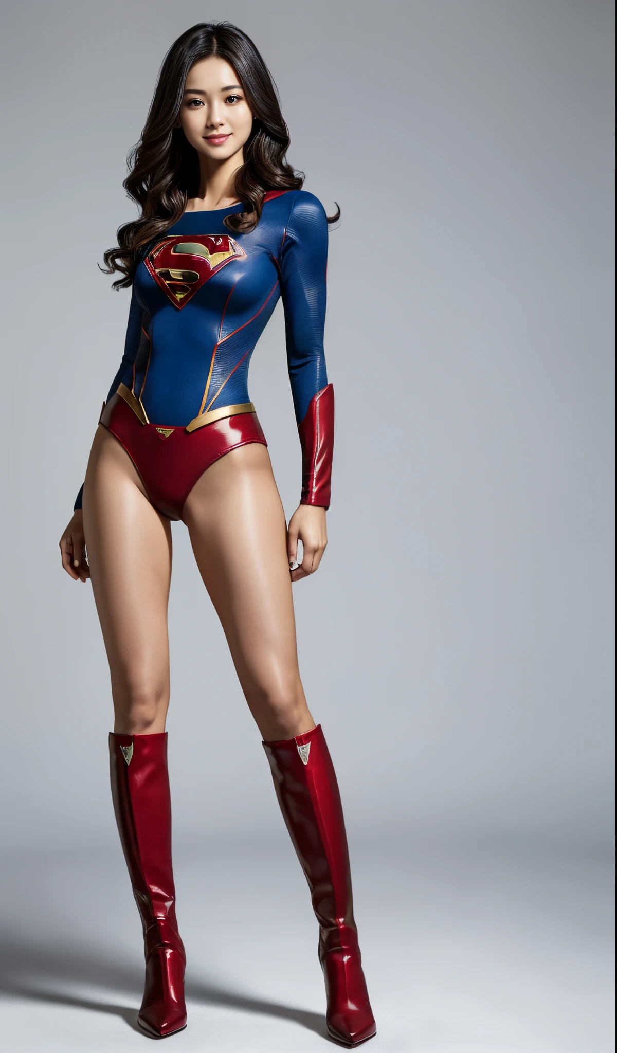 (((Wear black tights on your beautiful legs.)))、(((Grow legs、tall、Legally express the beauty of your smile)))、((((Make the most of the original image)))、(((Supergirl Costume)))、(((beautiful hairl)))、(((Suffering)))、(((Feet must necessarily be worn with black tights)))、(((You need to wear red boots)))、((Top image quality、8K))、((top-quality、8K、​masterpiece:1.3))、(((Keep Background )))、Crisp focus:1.2、Beautiful woman with perfect body shape:1.4、Slender Abs:1.2、a wet body:1.5、Highly detailed facial and skin texture、8K