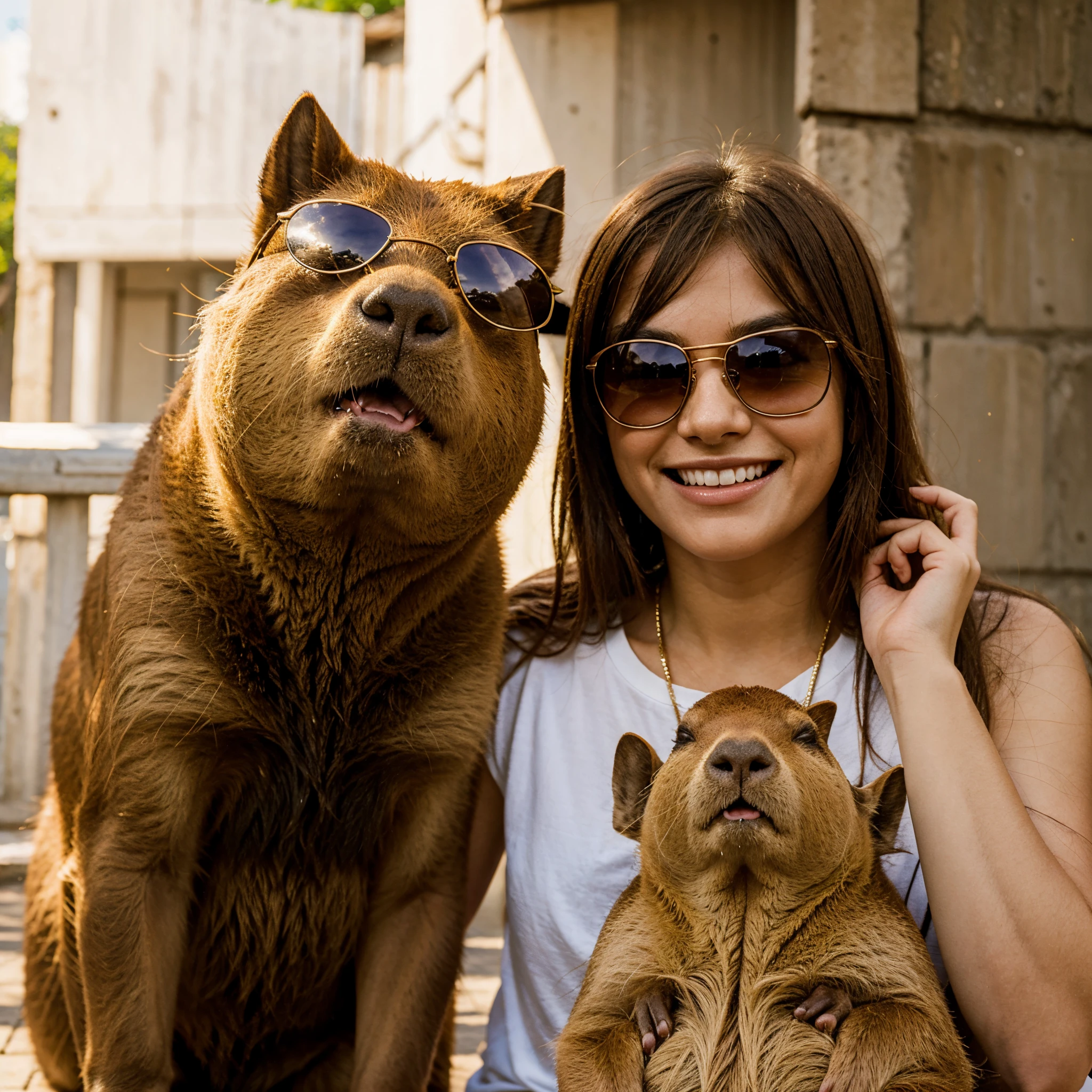 Capybara animal is wearing sunglasses while smiling With his friend