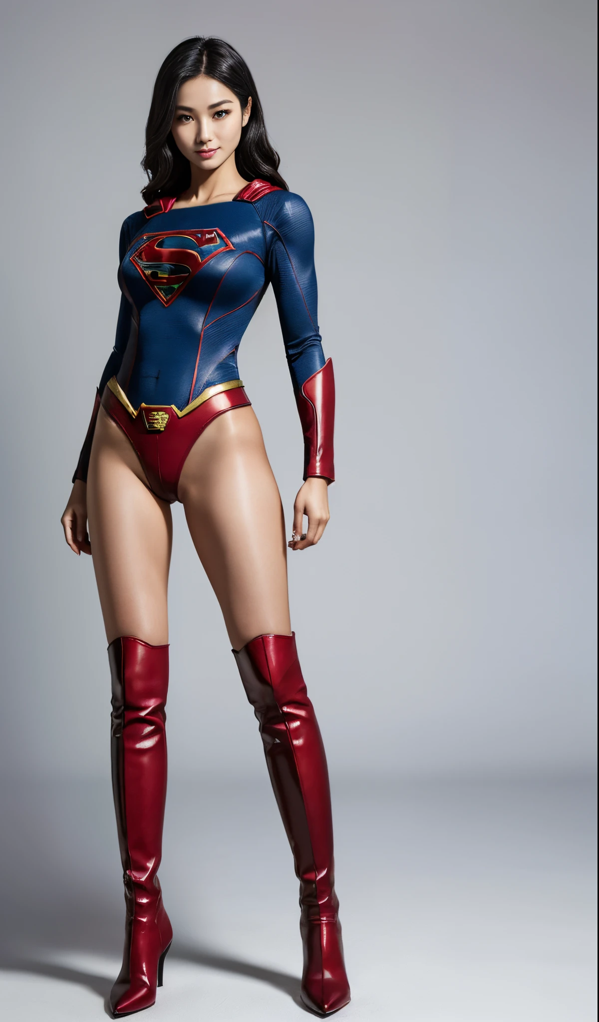 (((Wear black tights on your beautiful legs.)))、(((Grow legs、tall、Legally express the beauty of your smile)))、((((Make the most of the original image)))、(((Supergirl Costume)))、(((beautiful hairl)))、(((Suffering)))、(((Feet must necessarily be worn with black tights)))、(((You need to wear red boots)))、((Top image quality、8K))、((top-quality、8K、masterpiece:1.3))、(((Keep Background )))、Crisp focus:1.2、Beautiful woman with perfect body shape:1.4、Slender Abs:1.2、a wet body:1.5、Highly detailed facial and skin texture、8K