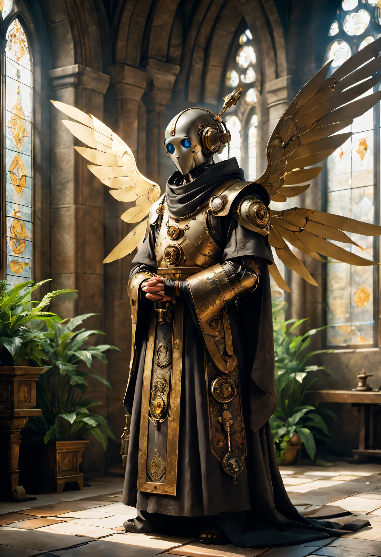 Medieval monastery,(steampunk robot monk),(Traditional robe and headscarf),Pray quietly,Light flows through stained glass windows,religious art style, 。ancient stone floor,The carving process is complex,Lush plants,Calm and peaceful environment,Steampunk machinery and gear mechanical wings attached to the shoulders of a robot monk),metal surfaces,warm gold color palette,The future meets the Middle Ages,Harmony between technology and spirit。(Best quality at best,4K,8K,A high resolution,tmasterpiece:1.2),ultra - detailed,(actual,realisticlying,Photorealistic:1.37)
