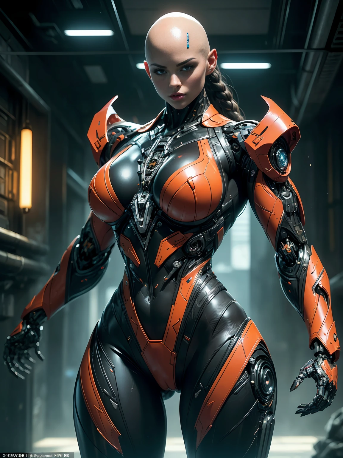 Cinematic, hyper-detailed, and insanely detailed, this artwork captures the essence of a bald hairless muscular female android girl. Beautiful color grading, enhancing the overall cinematic feel. Unreal Engine brings her anatomic cybernetic muscle suit to life, appearing even more mesmerizing. With the use of depth of field (DOF), every detail is focused and accentuated, drawing attention to her eyes and the intricate design of the anatomic cybernetic muscle suit . The image resolution is at its peak, utilizing super-resolution technology to ensure every pixel is perfect. Cinematic lighting enhances her aura, while anti-aliasing techniques like FXAA and TXAA keep the edges smooth and clean. Adding realism to the anatomic cybernetic muscle suit, RTX technology enables ray tracing. Additionally, SSAO (Screen Space Ambient Occlusion) gives depth and realism to the scene, the girl's anatomic cybernetic muscle suit become even more convincing. In the post-processing and post-production stages, tone mapping enhances the colors, creating a captivating visual experience. The integration of CGI (Computer-Generated Imagery) and VFX (Visual Effect brings out the anatomic cybernetic muscle suit's intricate features in a seamless manner. SFX (Sound Effects) complement the visual artistry, immersing the viewer further into this fantastic world. The level of detail is awe-inspiring, with intricate elements meticulously crafted, the artwork hyper maximalist and hyper-realistic. Volumetric effects add depth and dimension, and the photorealism is unparalleled. The image is rendered in 8K resolution, ensuring super-detailed visuals. The volumetric lightning adds a touch of magic, highlighting her beauty and the aura of her anatomic cybernetic muscle suit in an otherworldly way. High Dynamic Range (HDR) technology makes the colors pop, adding richness to the overall composition. Ultimately, this artwork presents an unreal portrayal of a super muscled cybernetic female android