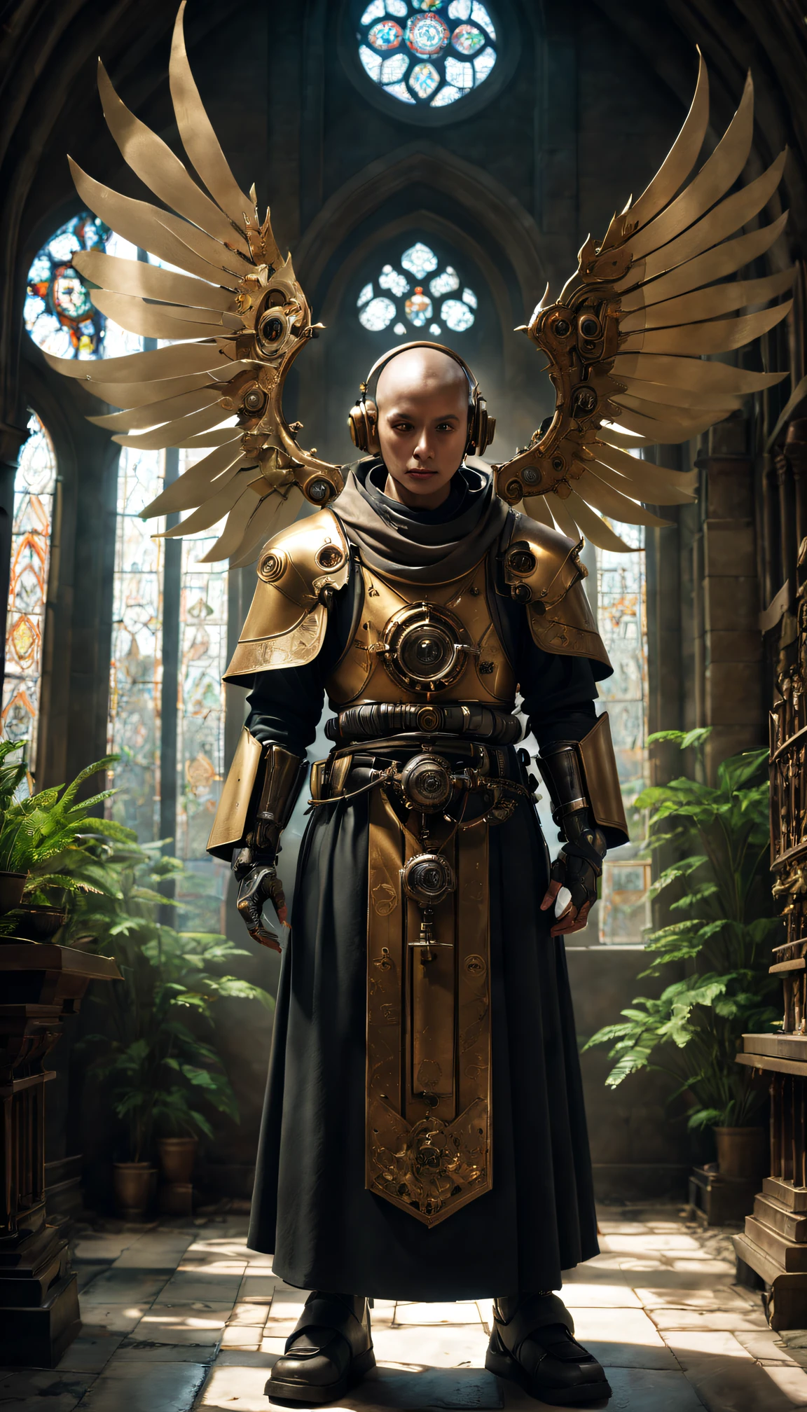(Best quality at best,4K,8K,A high resolution,tmasterpiece:1.2),ultra - detailed,(actual,realisticlying,Photorealistic:1.37),Medieval monastery,steampunk robot monk,(Traditional robe and headscarf),Pray quietly,Light flows through stained glass windows,religious art style, 。ancient stone floor,Lush plants,Calm and peaceful environment,Steampunk machinery and gears,The carving process is complex,(Robot monk with mechanical wings on his shoulderetal surfaces,warm gold color palette,The future meets the Middle Ages,Harmony between technology and spirit。