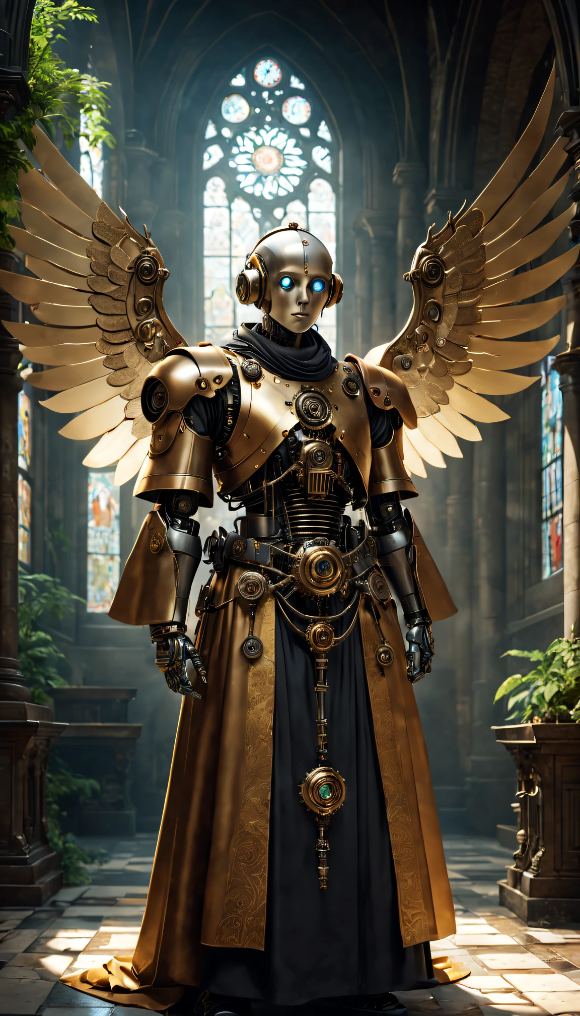 (Best quality at best,4K,8K,A high resolution,tmasterpiece:1.2),ultra - detailed,(actual,realisticlying,Photorealistic:1.37),Medieval monastery,steampunk robot monk,(Traditional robe and headscarf),Pray quietly,Light flows through stained glass windows,religious art style, 。ancient stone floor,Lush plants,Calm and peaceful environment,Steampunk machinery and gears,The carving process is complex,(Robot monk with mechanical wings on his shoulderetal surfaces,warm gold color palette,The future meets the Middle Ages,Harmony between technology and spirit。