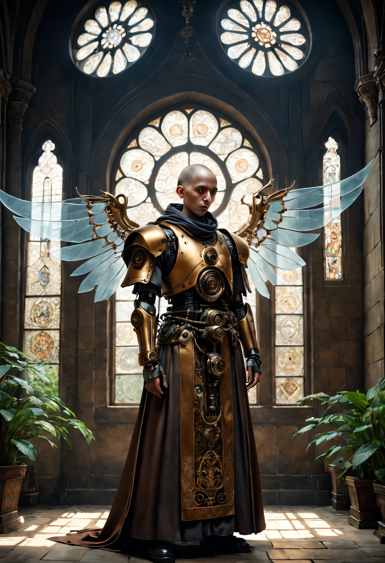 (Best quality at best,4K,8K,A high resolution,tmasterpiece:1.2),ultra - detailed,(actual,realisticlying,Photorealistic:1.37),Medieval monastery,steampunk robot monk,(Traditional robe and headscarf),Pray quietly,Light flows through stained glass windows,religious art style, 。ancient stone floor,Lush plants,Calm and peaceful environment,Steampunk machinery and gears,The carving process is complex,(Robot monk with mechanical wings on his shoulderetal surfaces,warm gold color palette,The future meets the Middle Ages,Harmony between technology and spirit。