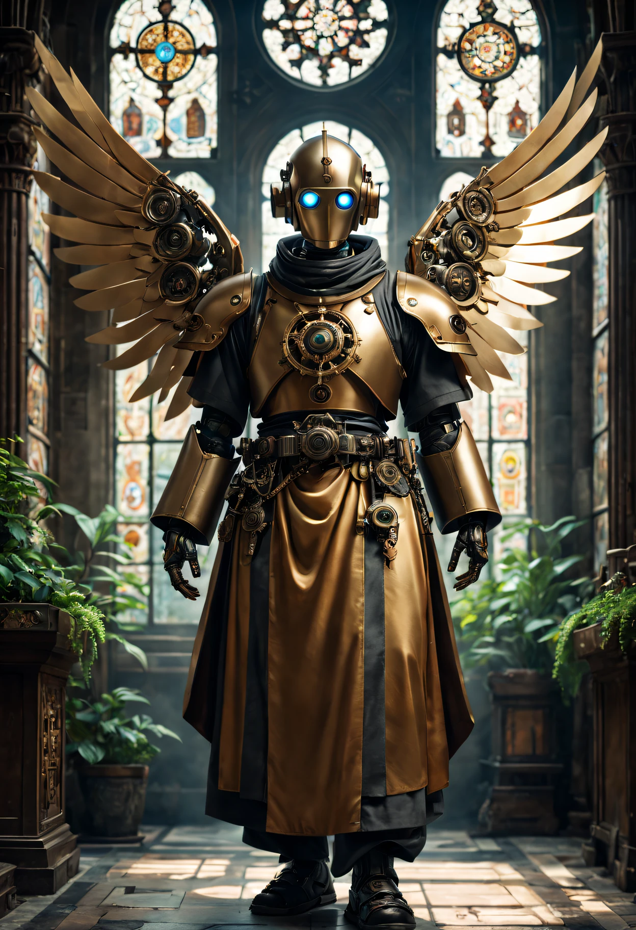 (Best quality at best,4K,8K,A high resolution,tmasterpiece:1.2),ultra - detailed,(actual,realisticlying,Photorealistic:1.37),Medieval monastery，steampunk robot monk，(Traditional robe and headscarf)，Pray quietly，Light flows through stained glass windows，religious art style, 。ancient stone floor，Lush plants，Calm and peaceful environment，Steampunk machinery and gears，The carving process is complex，(Robot monk with mechanical wings on his shoulderetal surfaces，warm gold color palette，The future meets the Middle Ages，Harmony between technology and spirit。