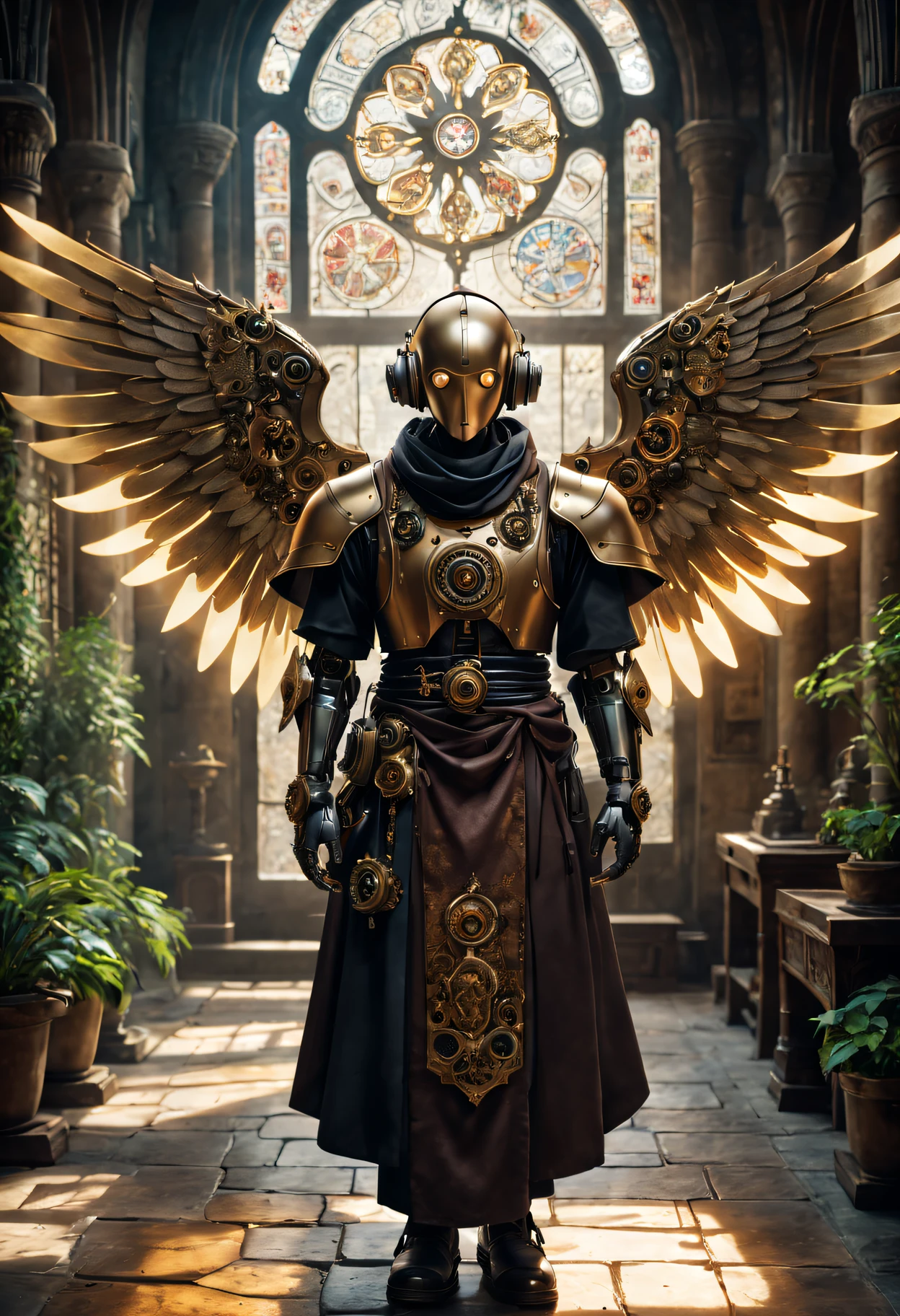 (Best quality at best,4K,8K,A high resolution,tmasterpiece:1.2),ultra - detailed,(actual,realisticlying,Photorealistic:1.37),Medieval monastery,steampunk robot monk,(Traditional robe and headscarf),Pray quietly,Light flows through stained glass windows,religious art style, 。ancient stone floor,Lush plants,Calm and peaceful environment,Steampunk machinery and gears,The carving process is complex,(Robot monk with mechanical wings on his shoulderetal surfaces,warm gold color palette,The future meets the Middle Ages,Harmony between technology and spirit。