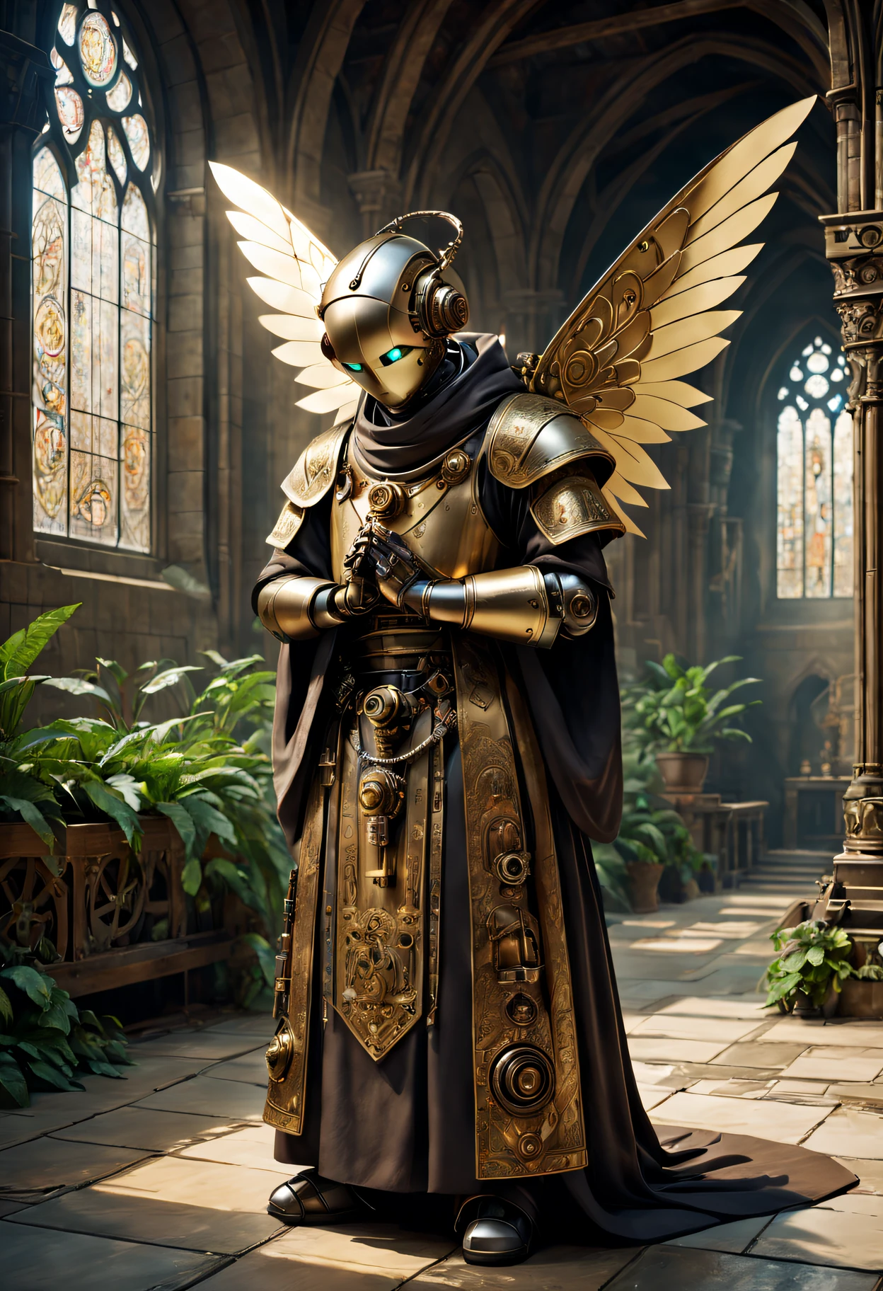Medieval monastery，steampunk robot monk，(Traditional robe and headscarf)，Pray quietly，Light flows through stained glass windows，religious art style, 。ancient stone floor，Lush plants，Calm and peaceful environment，Steampunk machinery and gears，The carving process is complex，(Robot monk with mechanical wings on his shoulderetal surfaces，warm gold color palette，The future meets the Middle Ages，Harmony between technology and spirit。(Best quality at best,4K,8K,A high resolution,tmasterpiece:1.2),ultra - detailed,(actual,realisticlying,Photorealistic:1.37).